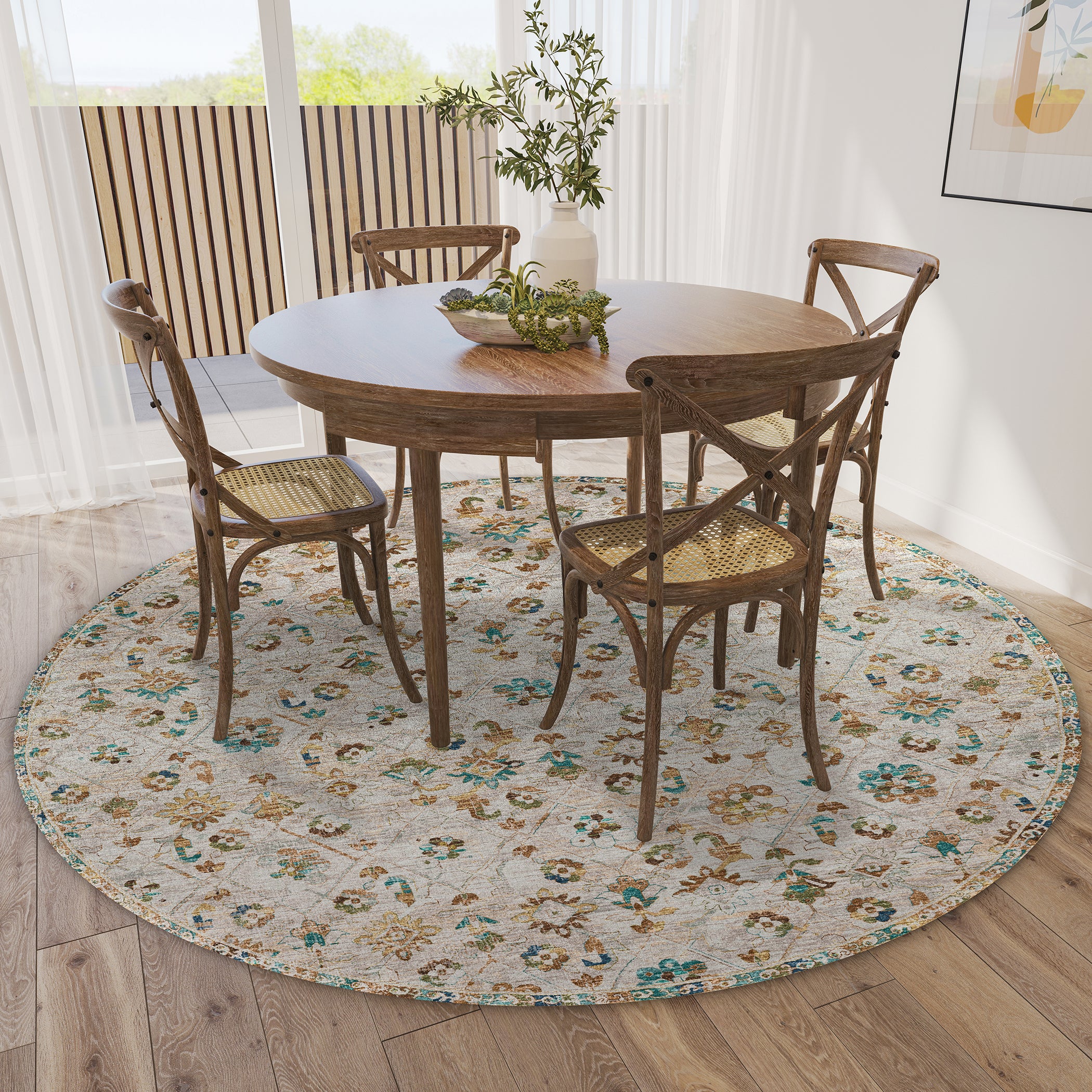 Indoor/Outdoor Traditional JC8 Parchment Multi Rug 4' x 4' #shape_Round