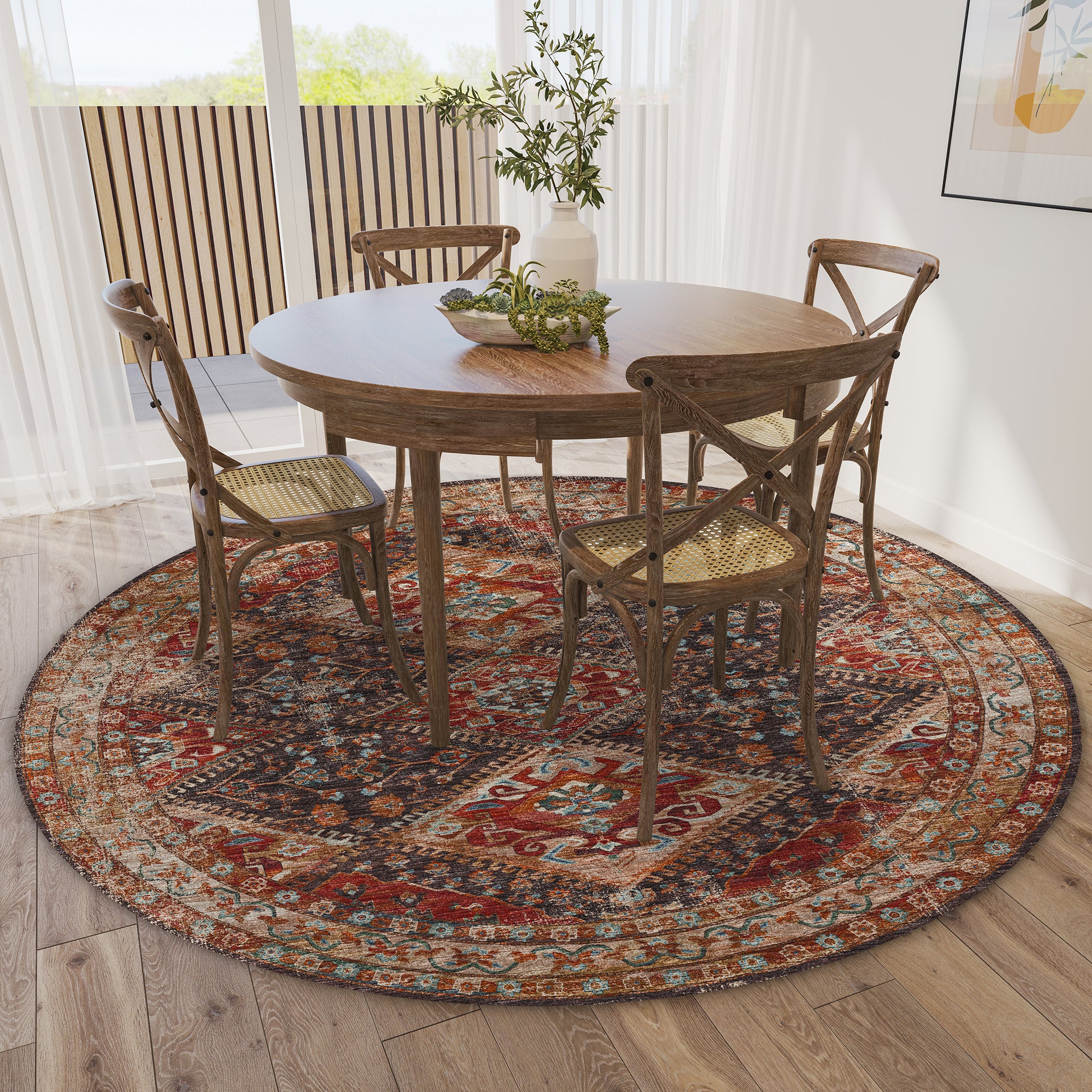 Indoor/Outdoor Traditional JC9 Canyon Red Rug 4' x 4' #shape_Round