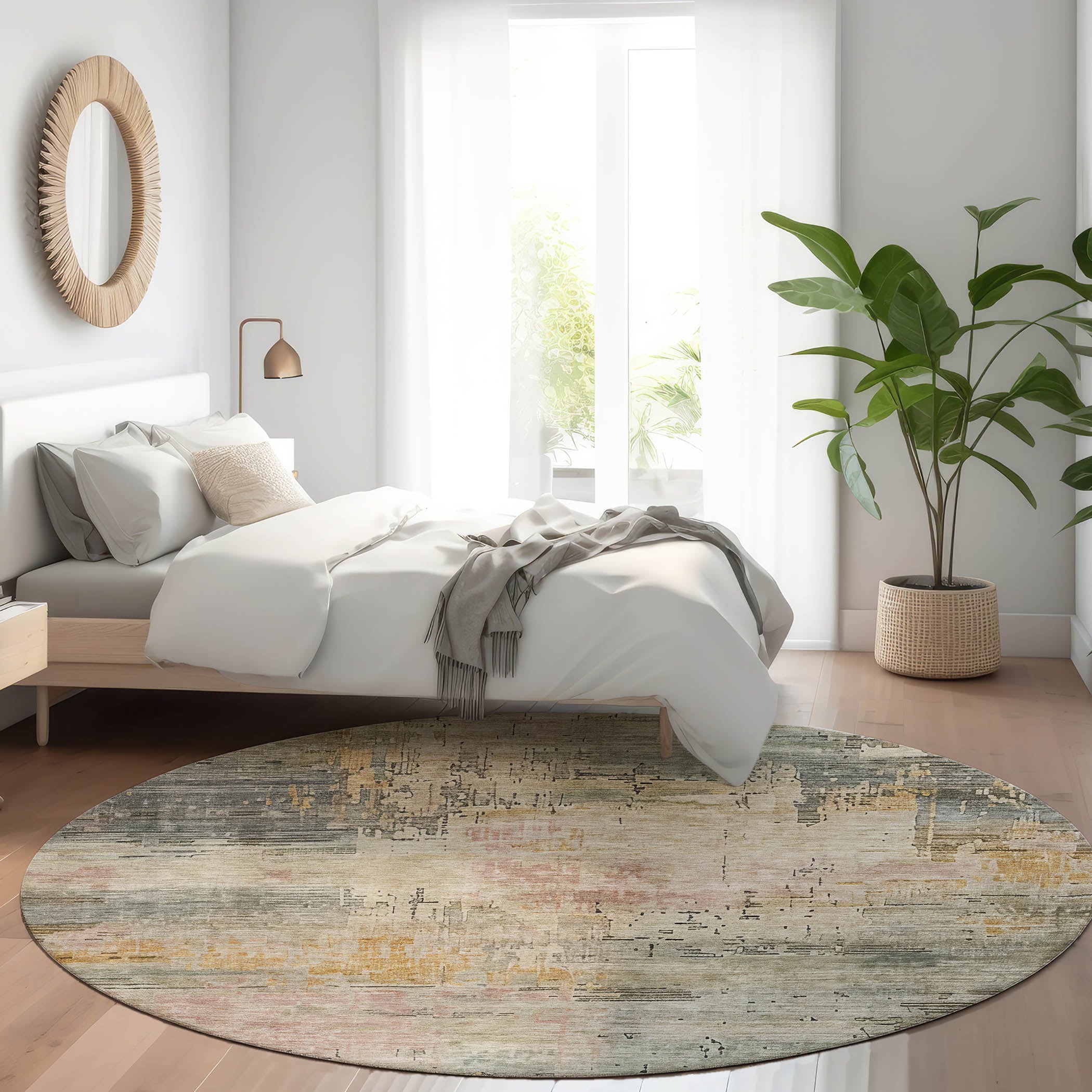 Luxury Washable Indoor/Outdoor Transitional KC15 Granite Gray Rug 8' x 8' #shape_Round