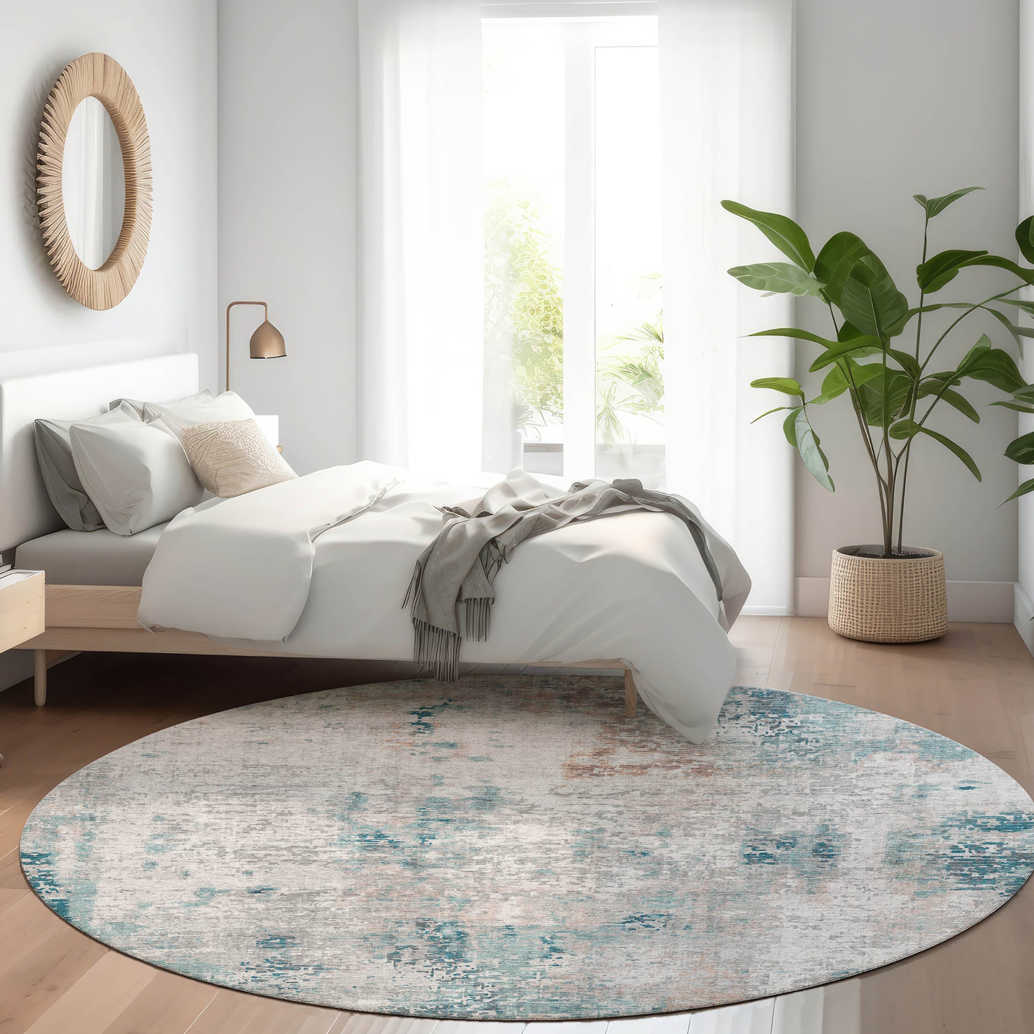 Luxury Washable Indoor/Outdoor Transitional KC4 Teal Rug 8' x 8' #shape_Round