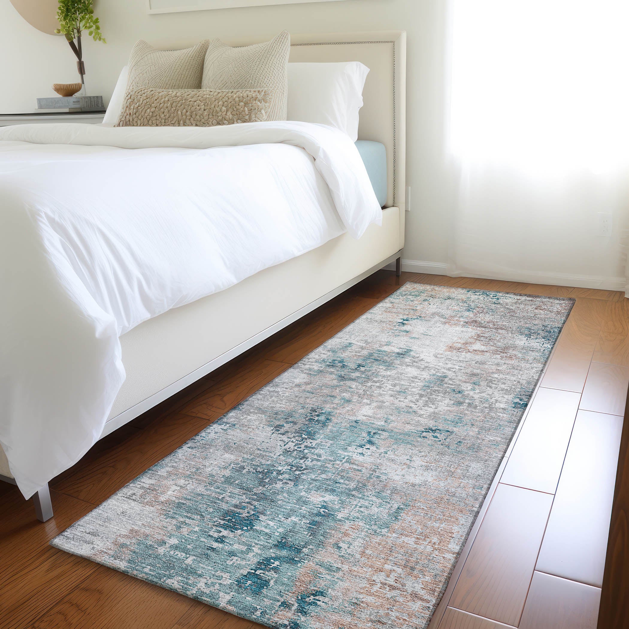 Luxury Washable Indoor/Outdoor Transitional KC4 Teal Rug 2'3" x 7'6" #shape_Runner
