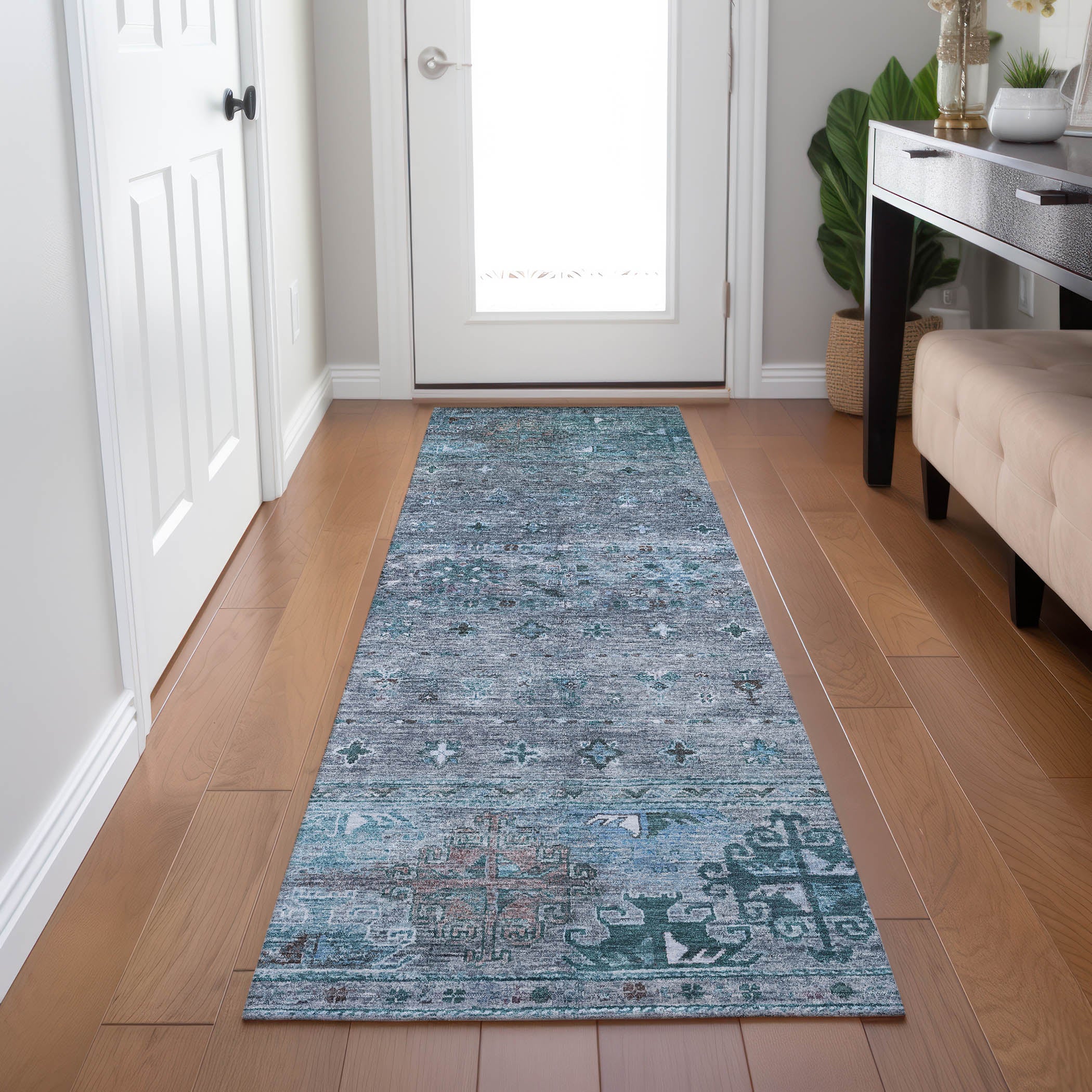 Indoor/Outdoor Traditional KJ5 Blue Rug 2'3" x 7'6" #shape_Runner
