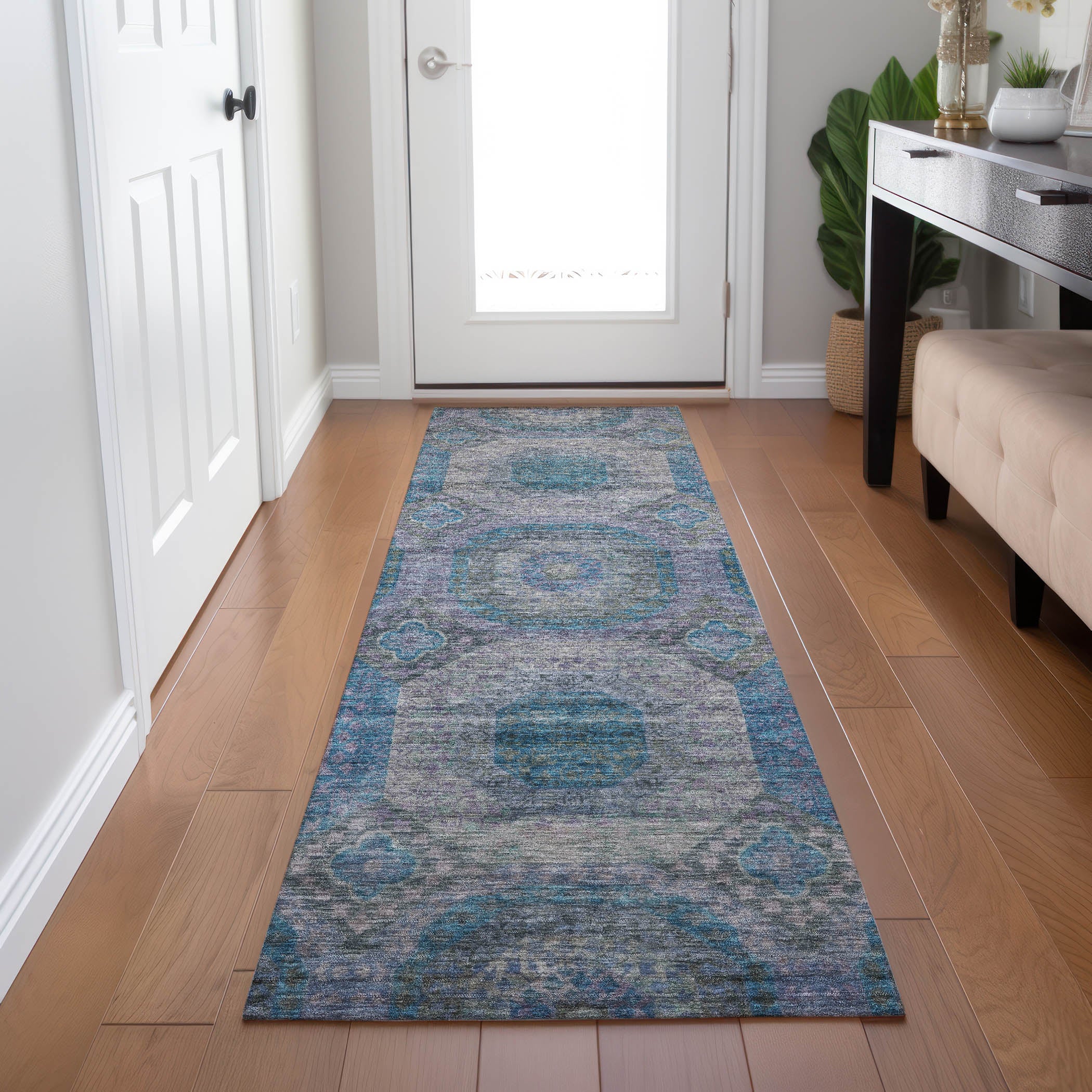 Indoor/Outdoor Traditional KJ6 Blue Rug 2'3" x 7'6" #shape_Runner
