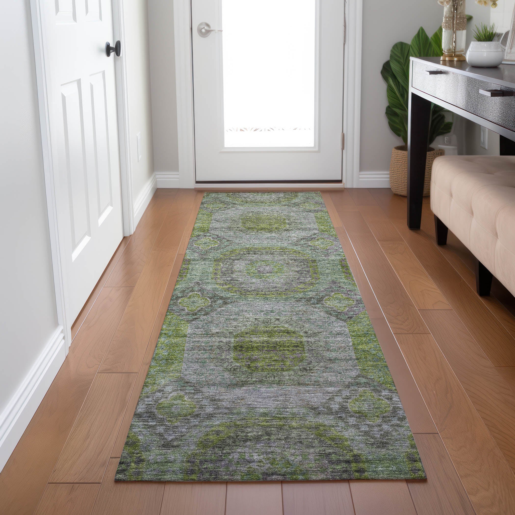 Indoor/Outdoor Traditional KJ6 Olive Green Rug 2'3" x 7'6" #shape_Runner