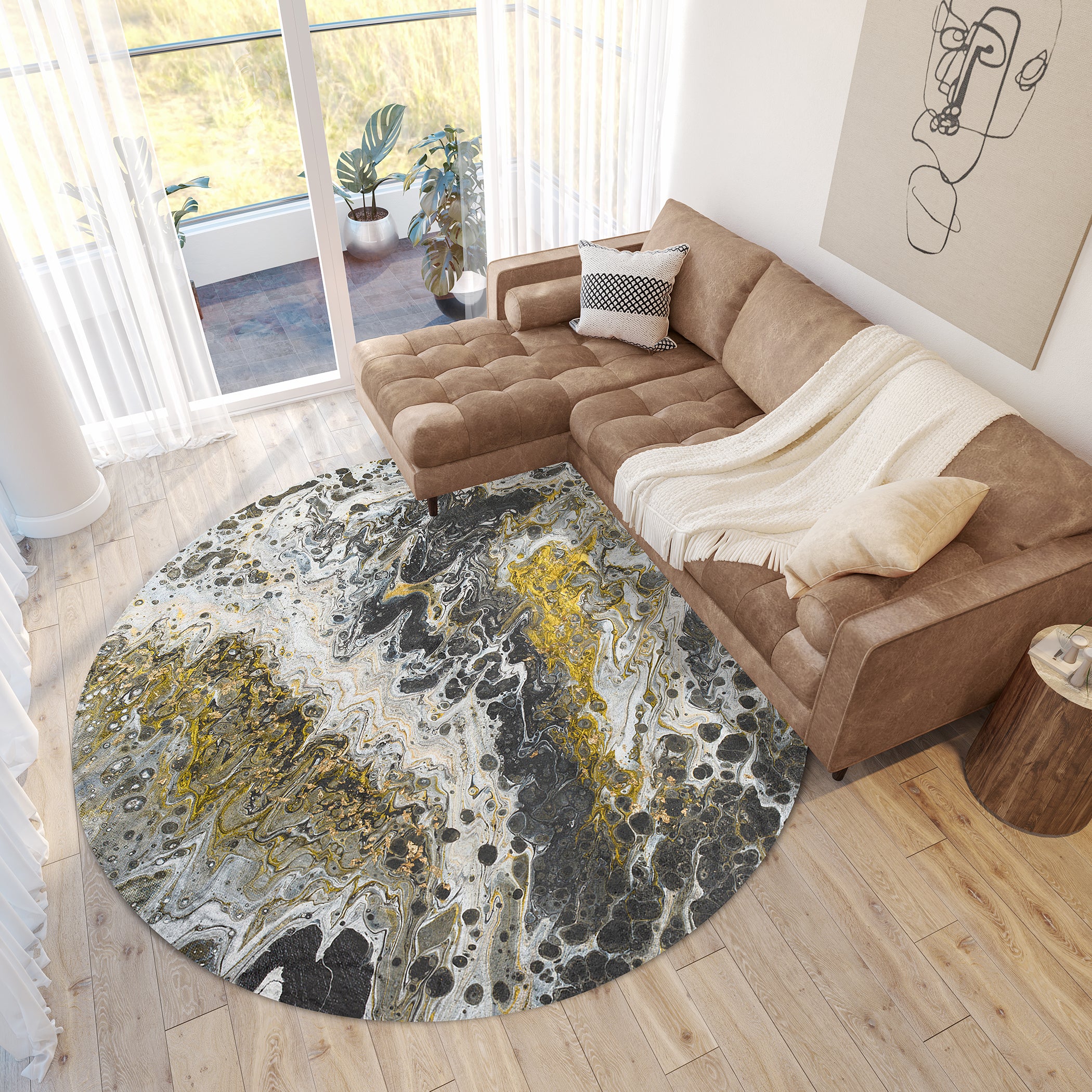 Luxury Machine Washable Contemporary KK13 Graphite Black Rug 8' x 8' #shape_Round