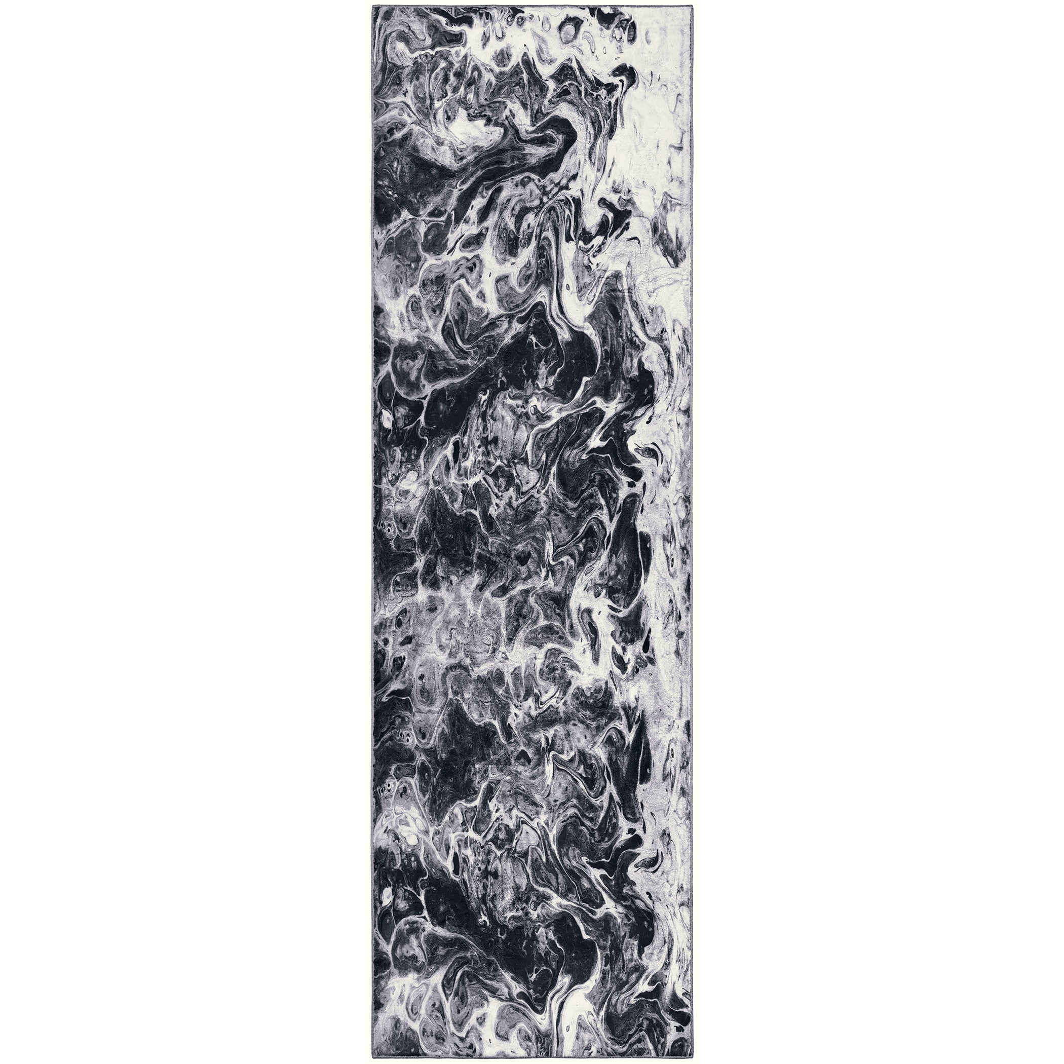Luxury Machine Washable Contemporary KK14 Marble Black Rug 2'3" x 7'6" #shape_Runner
