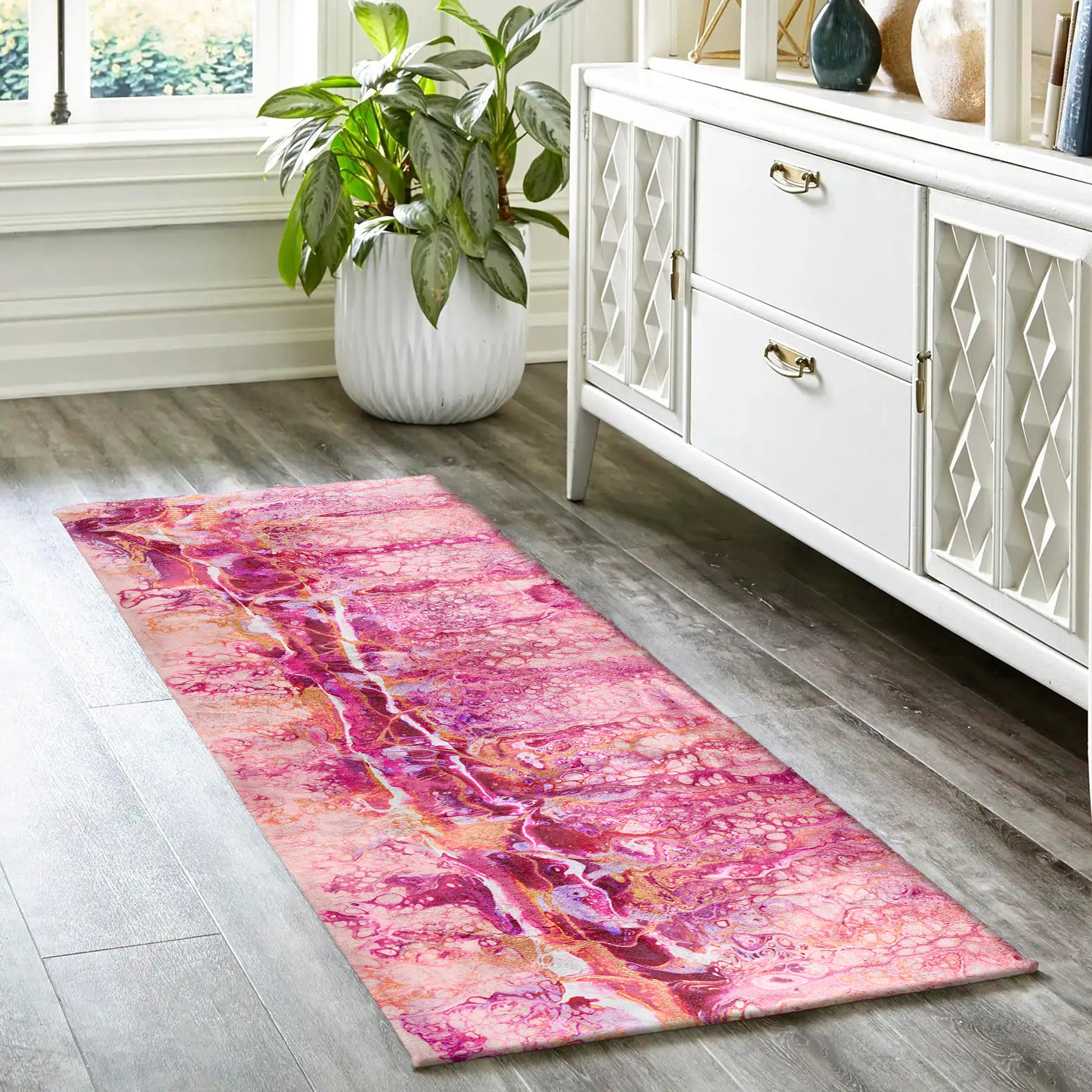 Luxury Machine Washable Contemporary KK16 Flamingo Pink Rug 2'3" x 7'6" #shape_Runner