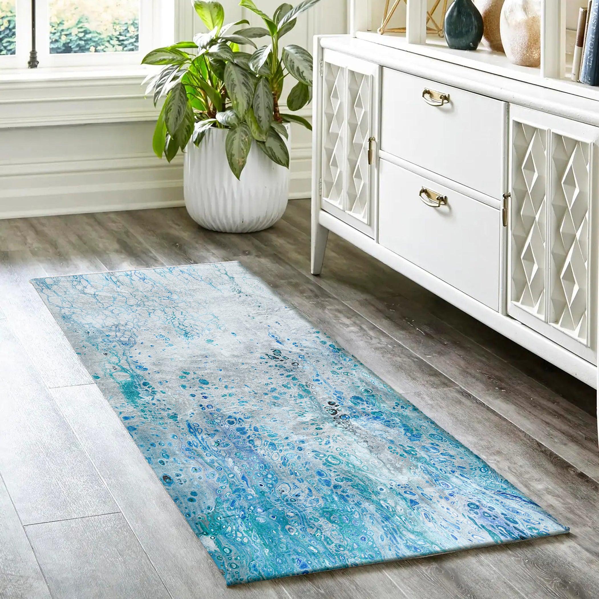 Luxury Machine Washable Contemporary KK18 Ocean Blue Rug 2'3" x 7'6" #shape_Runner