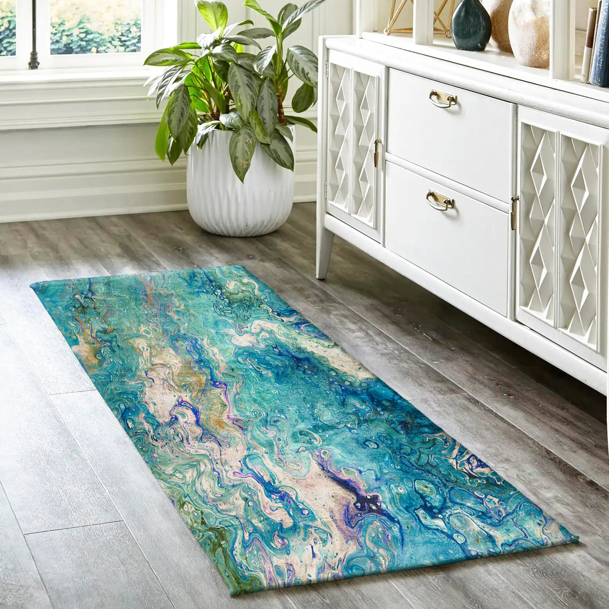 Luxury Machine Washable Contemporary KK4 Lagoon Blue Rug 2'3" x 7'6" #shape_Runner
