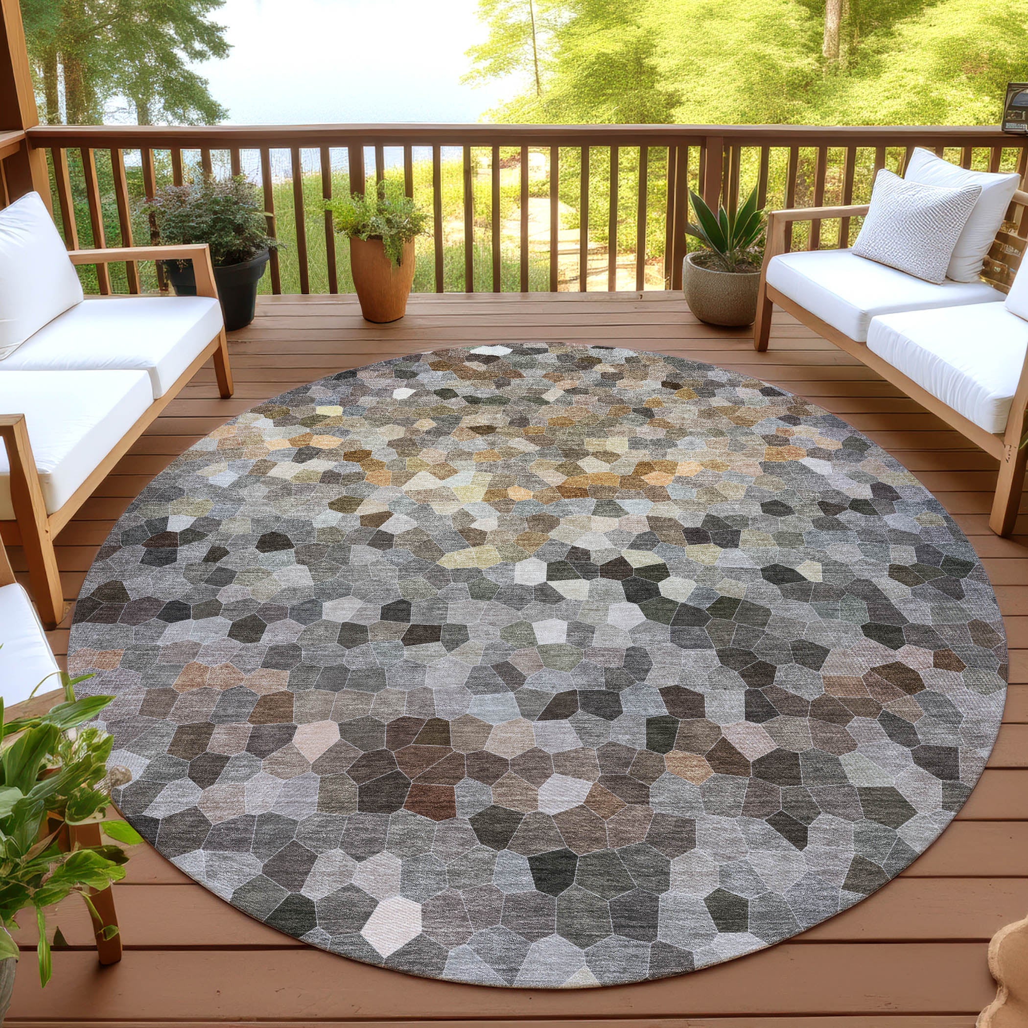 Luxury Washable Indoor/Outdoor Transitional KL1 Pewter Gray Rug 8' x 8' #shape_Round