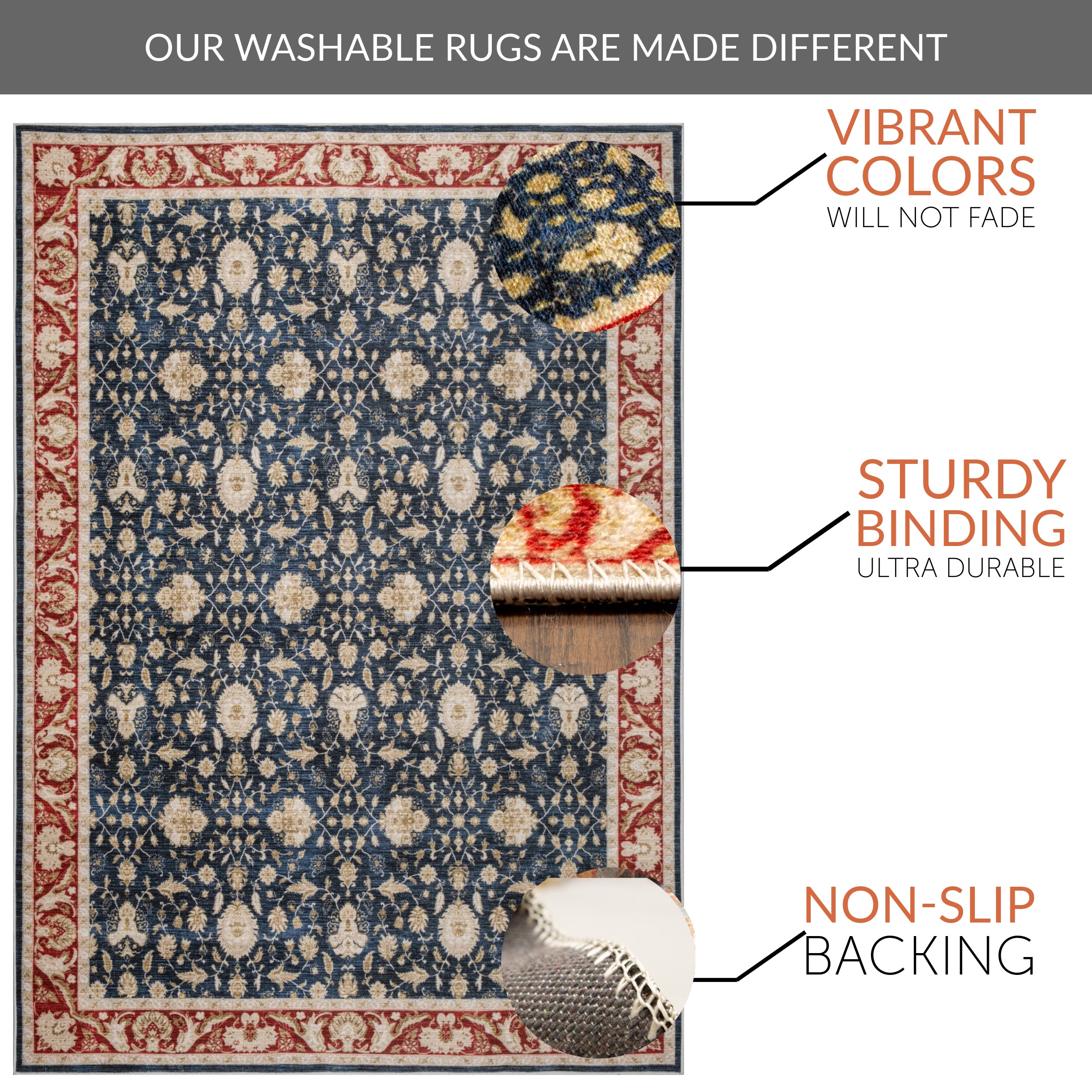 Machine Washable Traditional Performance Non-Slip Area Rug - Made in Turkey #color_Navy