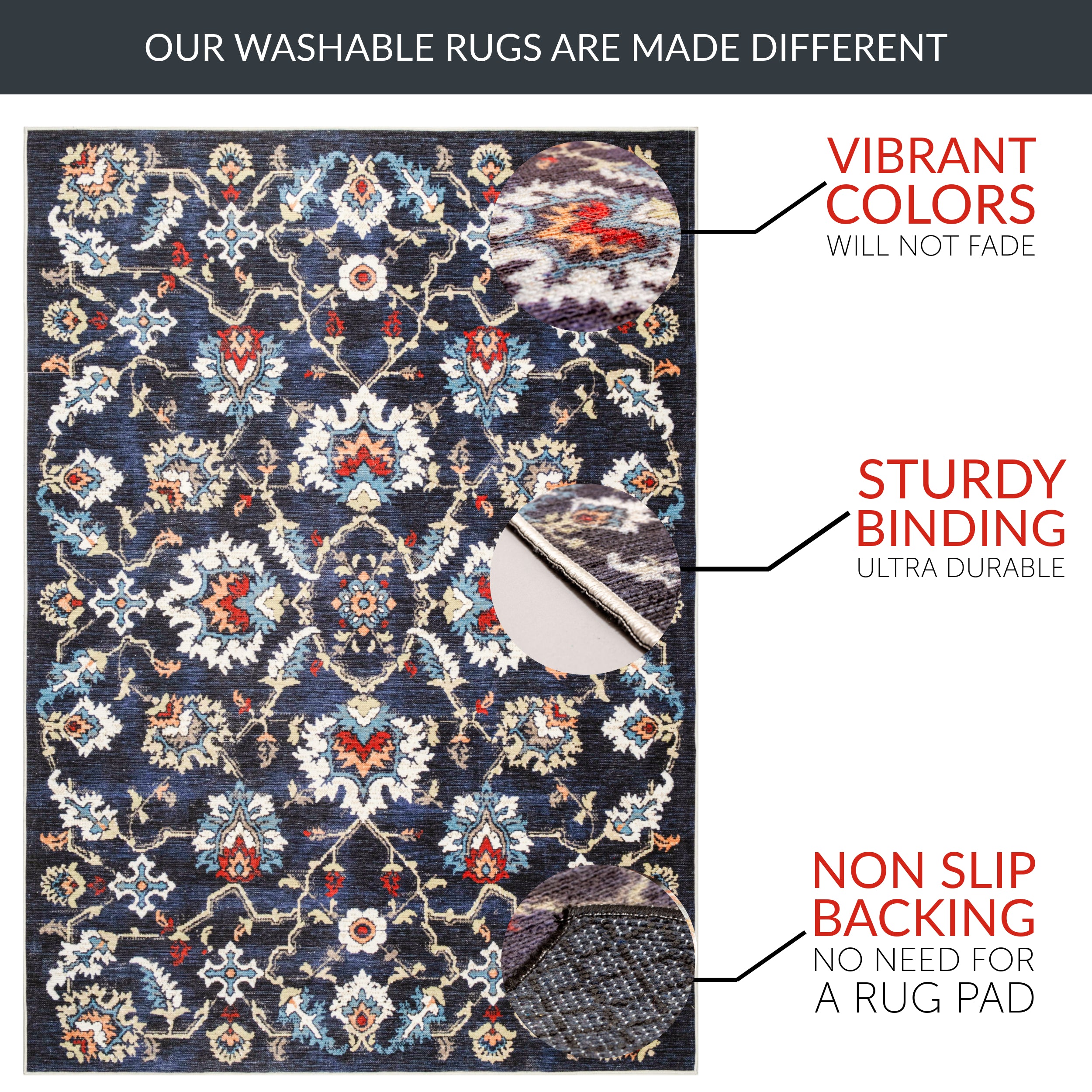 Machine Washable Elegant Performance Non-Slip Area Rug - Made in Turkey #color_Navy