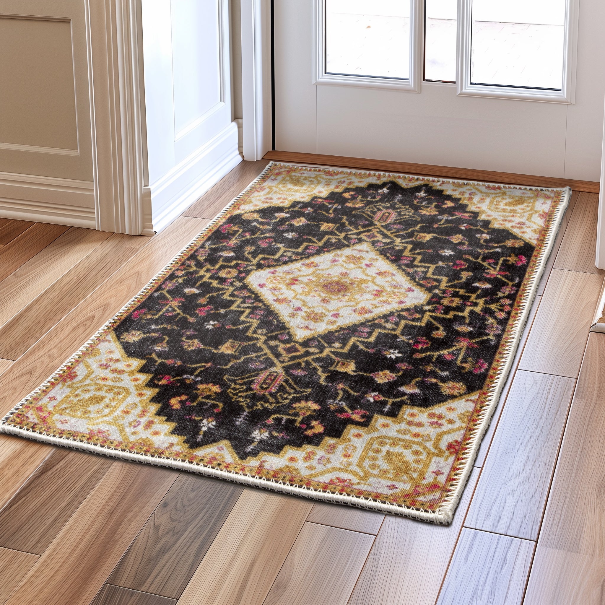 Machine Washable Ornate Performance Non-Slip Area Rug - Made in Turkey #color_Charcoal