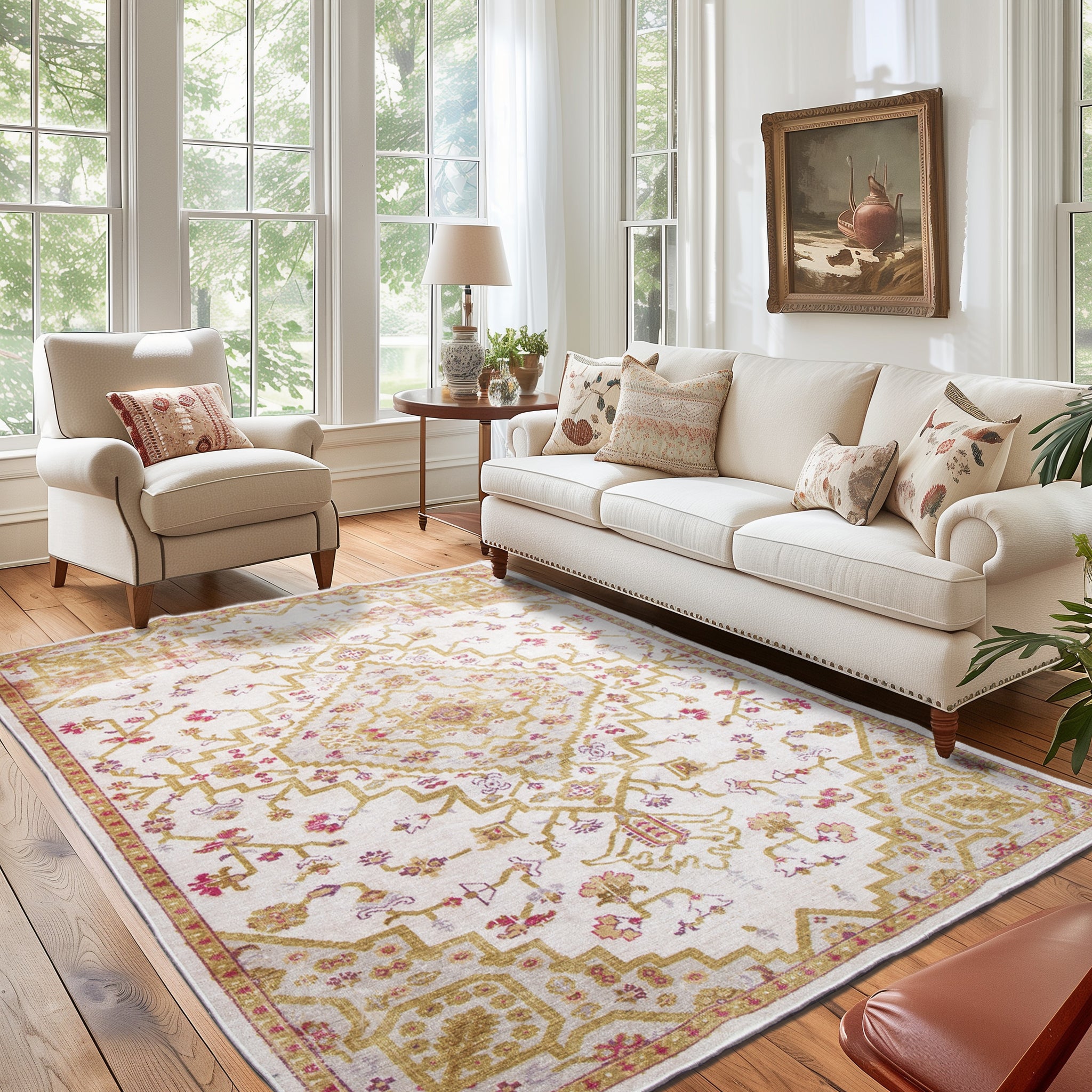 Machine Washable Ornate Performance Non-Slip Area Rug - Made in Turkey #color_Ivory