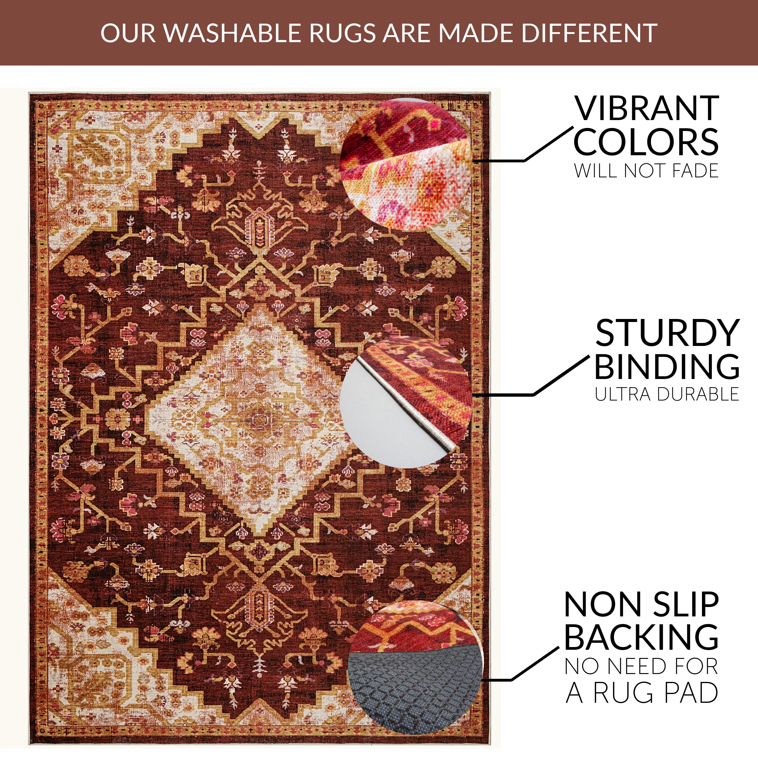 Machine Washable Ornate Performance Non-Slip Area Rug - Made in Turkey #color_Red