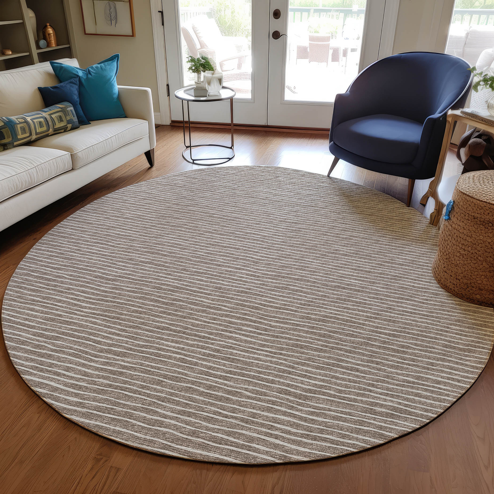 Luxury Machine Washable Indoor/Outdoor Transitional LA1 Taupe Brown Rug 4' x 4' #shape_Round