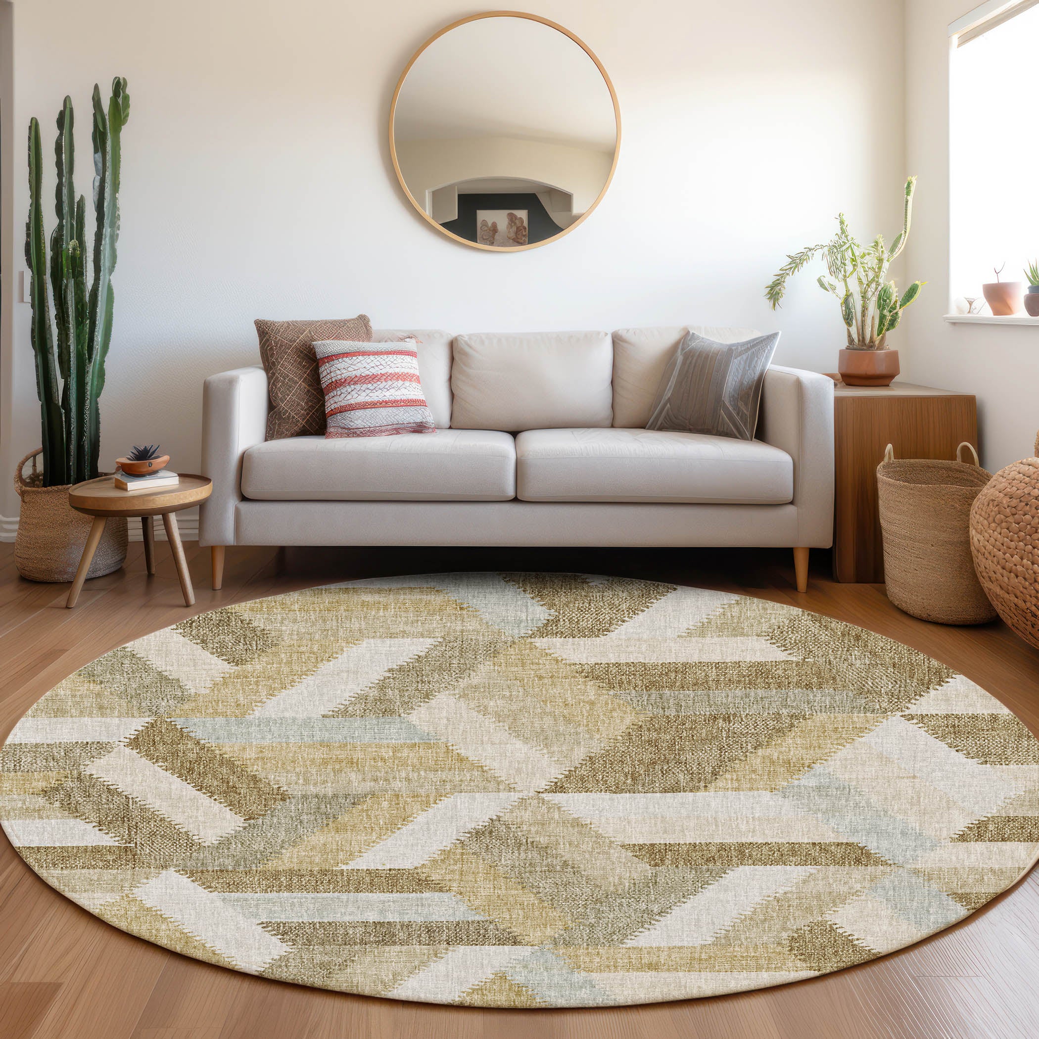 Luxury Washable Transitional LN1 Tan Brown Rug 8' x 8' #shape_Round