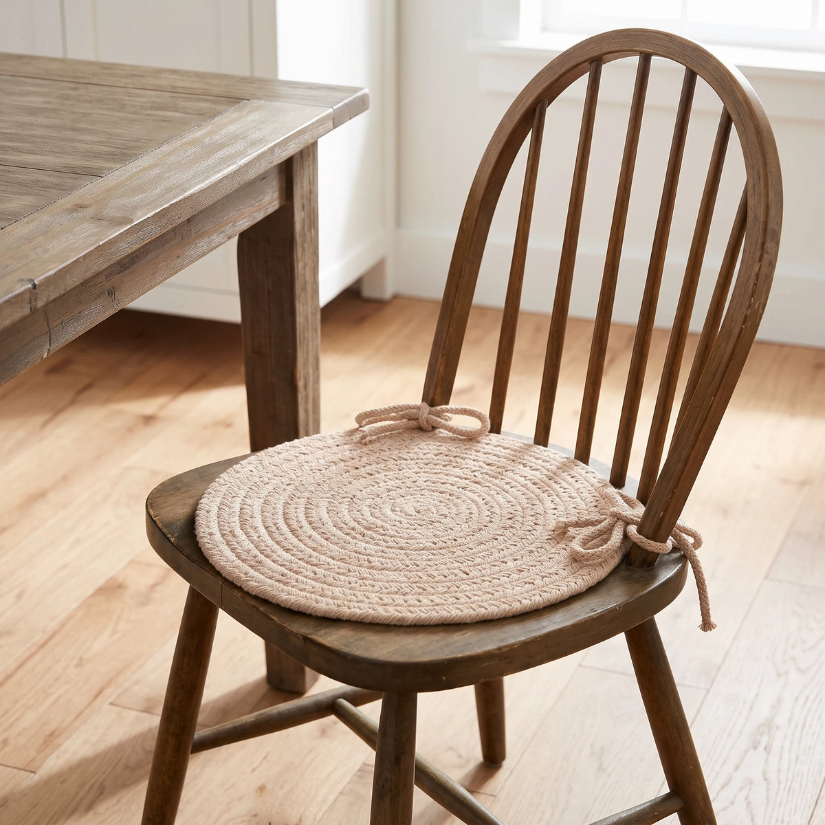 Maui Braided Chair Pad - Beige - tied on a wooden Windsor dining chair
