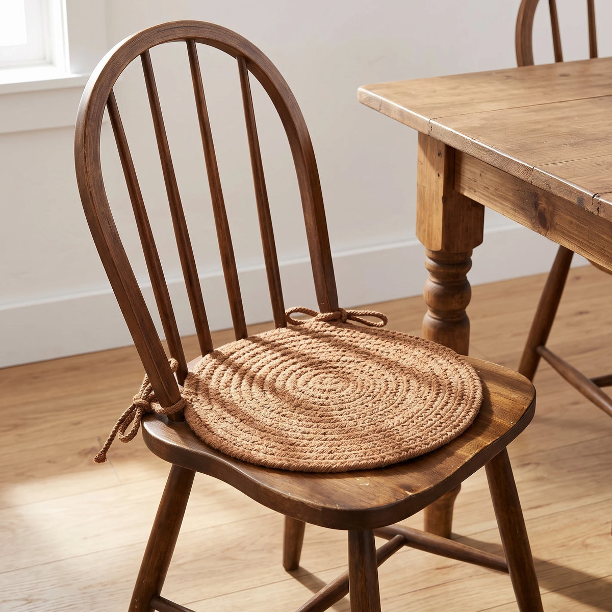 Maui Braided Chair Pad - Light Brown - tied on a wooden Windsor dining chair