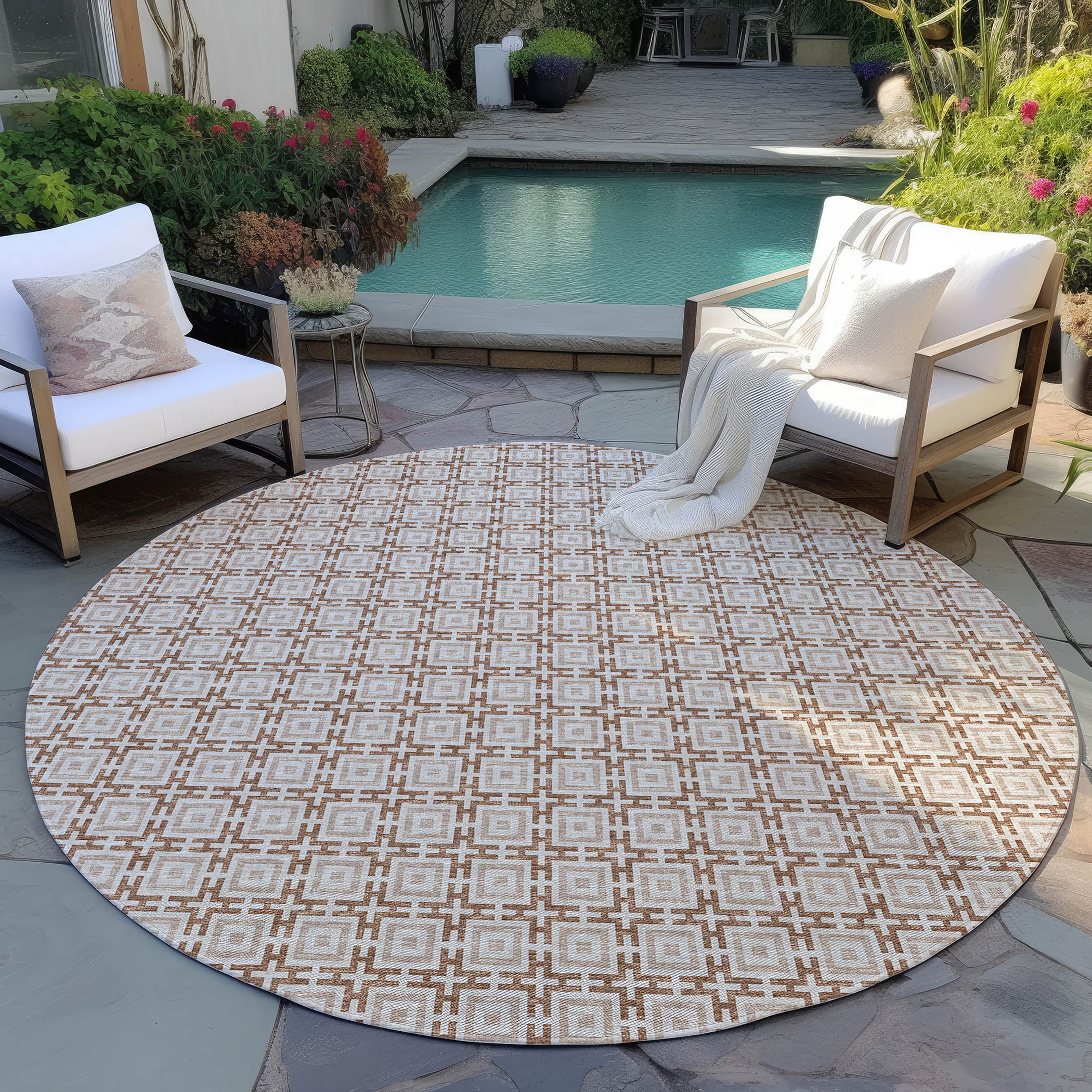 Luxury Machine Washable Indoor/Outdoor Transitional MO1 Taupe Brown Rug 4' x 4' #shape_Round