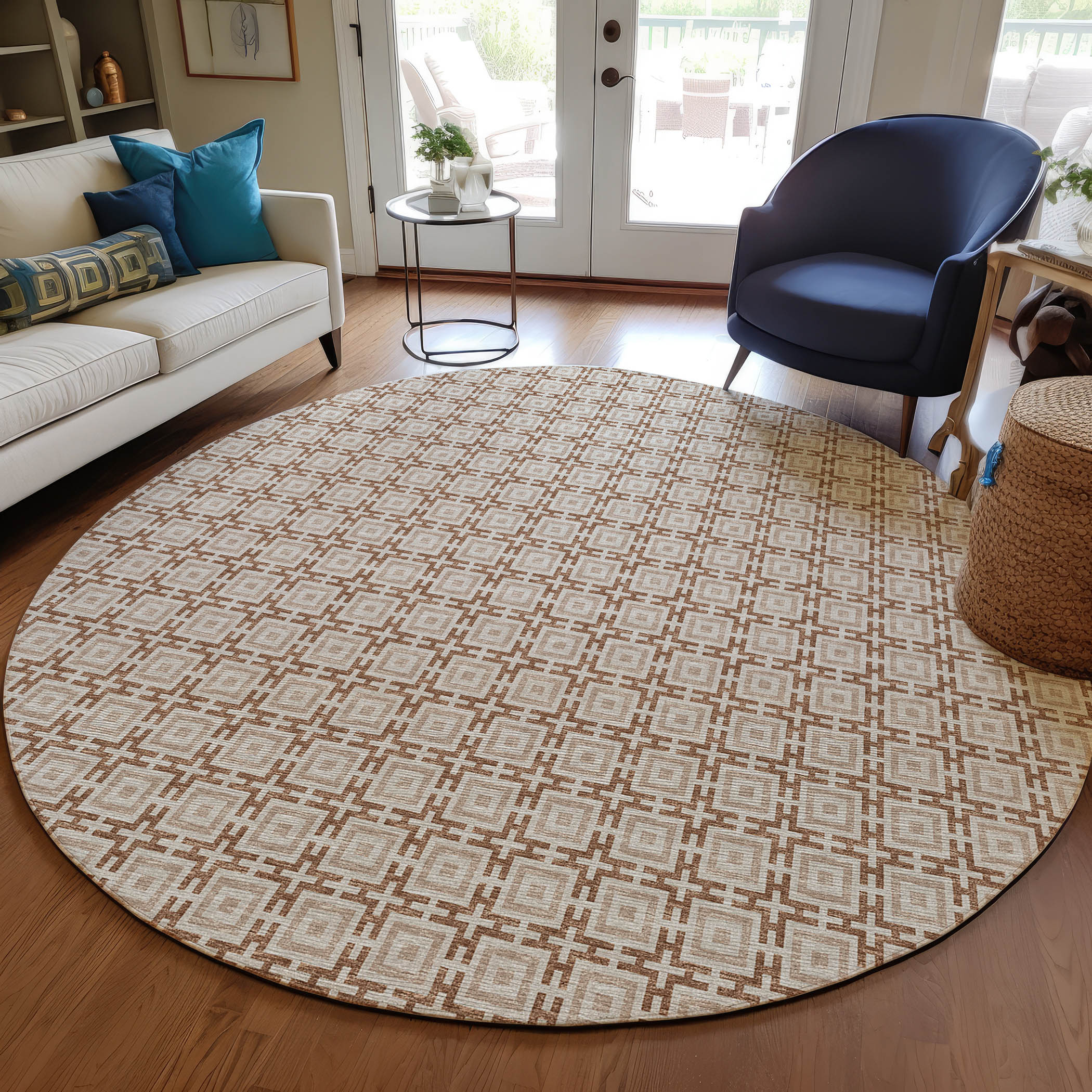 Luxury Machine Washable Indoor/Outdoor Transitional MO1 Taupe Brown Rug 4' x 4' #shape_Round