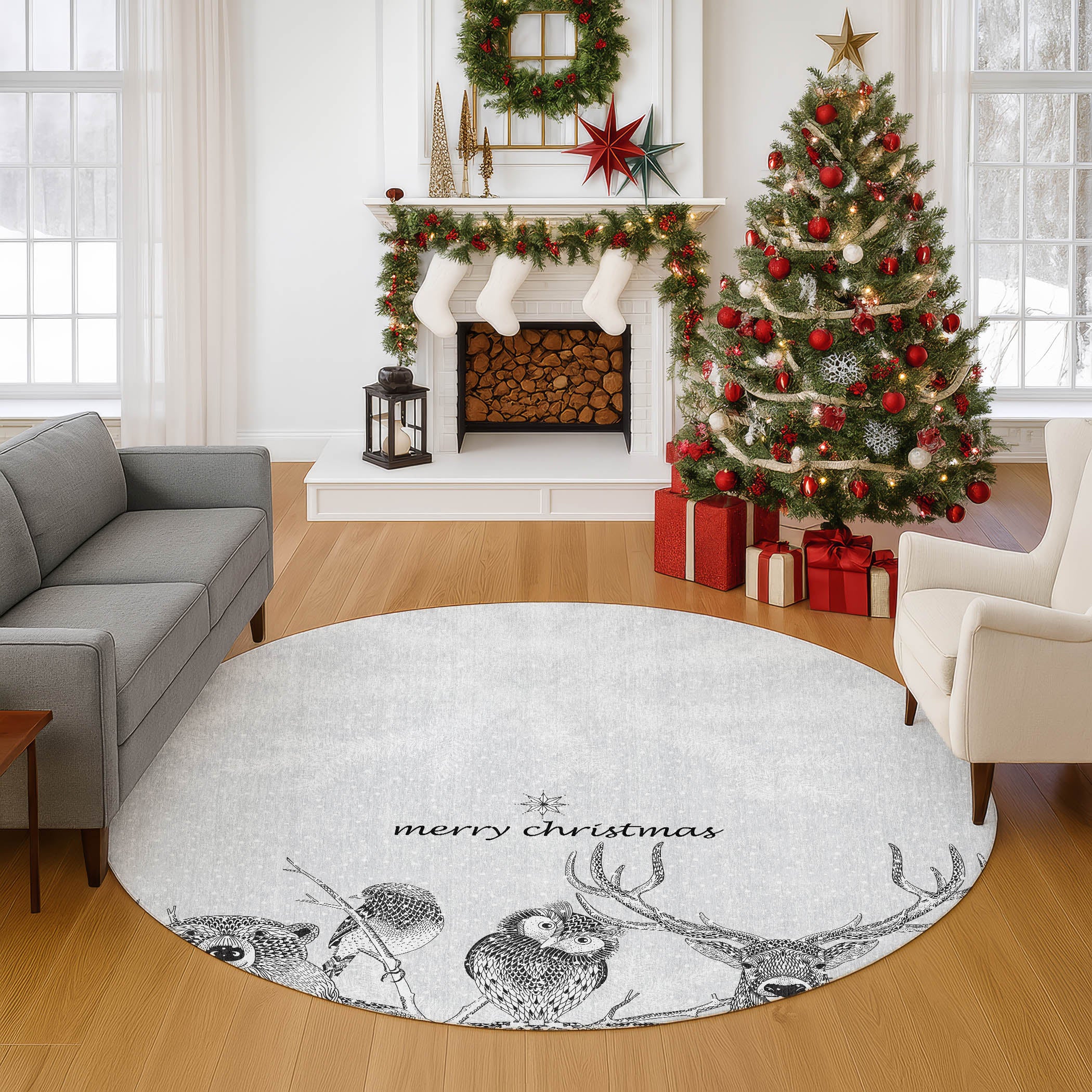 Luxury Washable Indoor/Outdoor Holiday MY10 Flannel Gray Rug 8' x 8' #shape_Round
