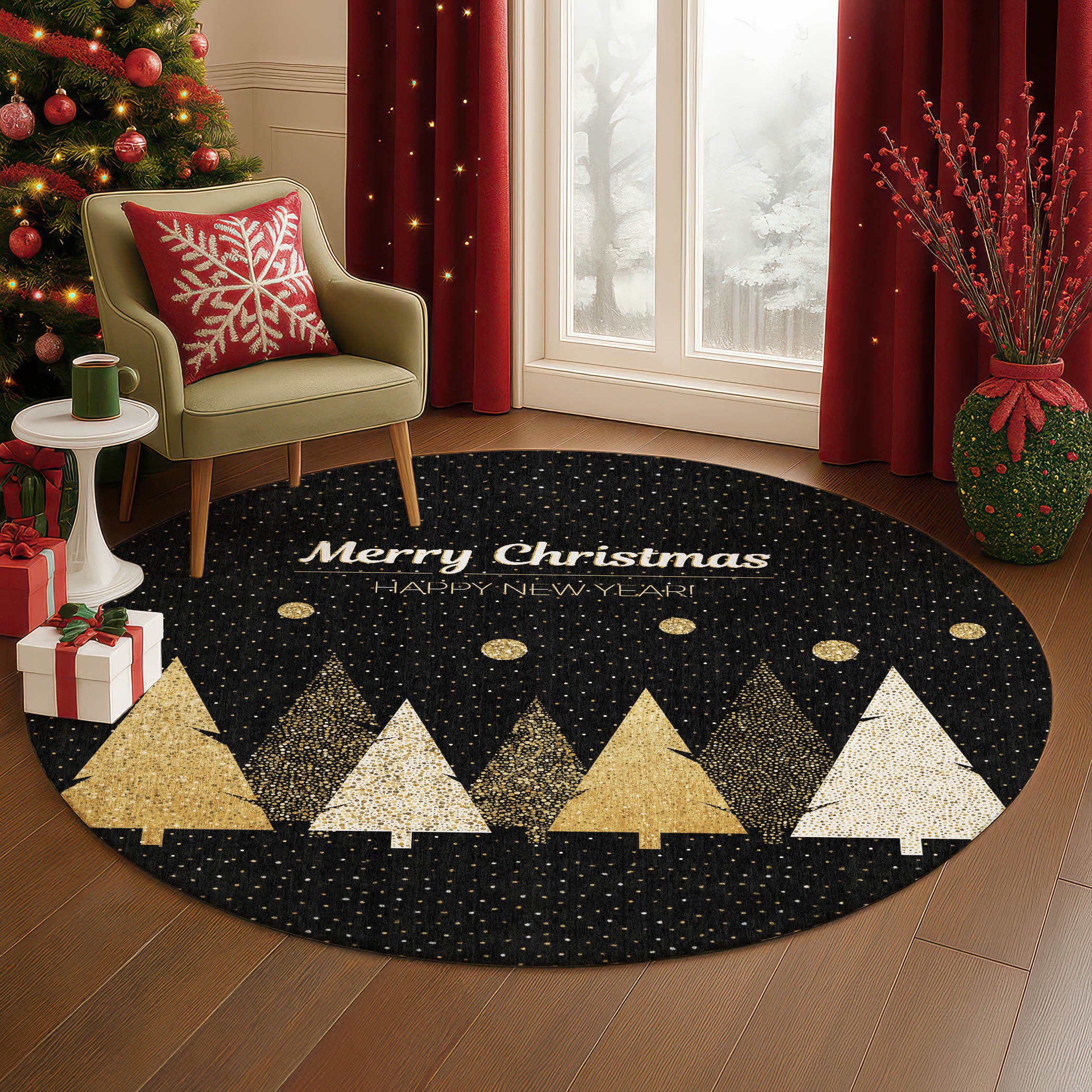 Luxury Washable Indoor/Outdoor Holiday MY11 Black Rug 8' x 8' #shape_Round