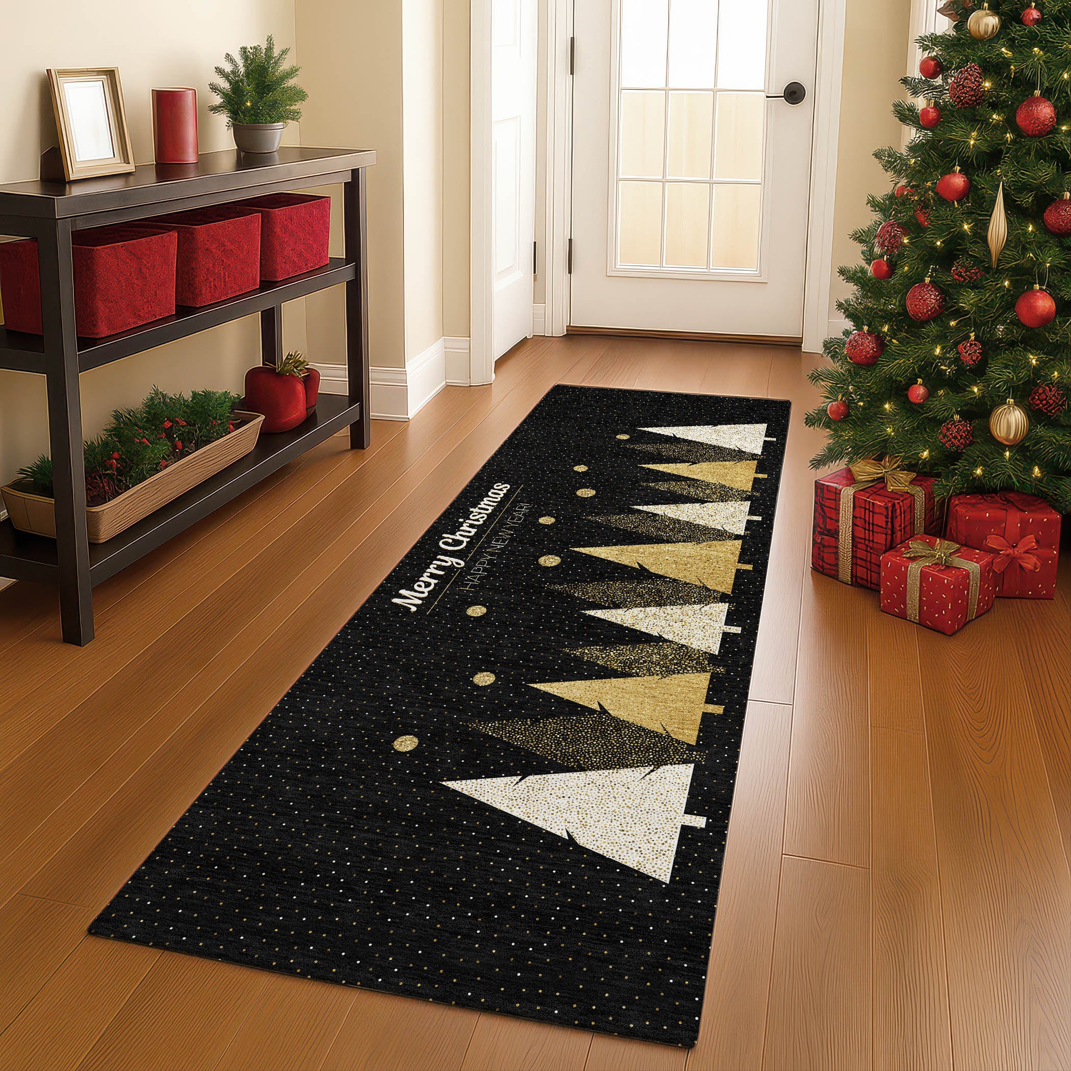 Luxury Washable Indoor/Outdoor Holiday MY11 Black Rug 2'3" x 7'6" #shape_Runner