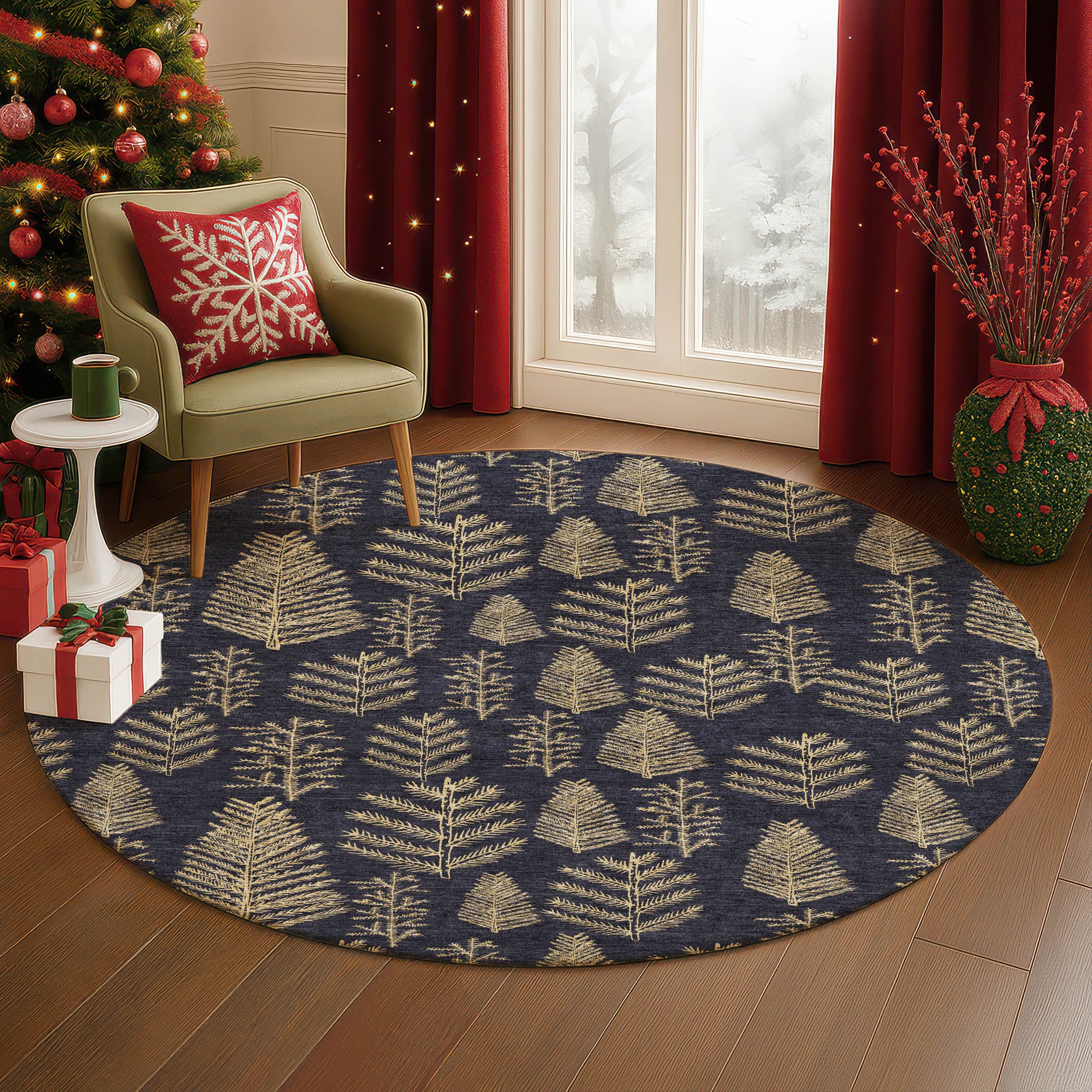 Luxury Washable Indoor/Outdoor Holiday MY21 Black Rug 8' x 8' #shape_Round