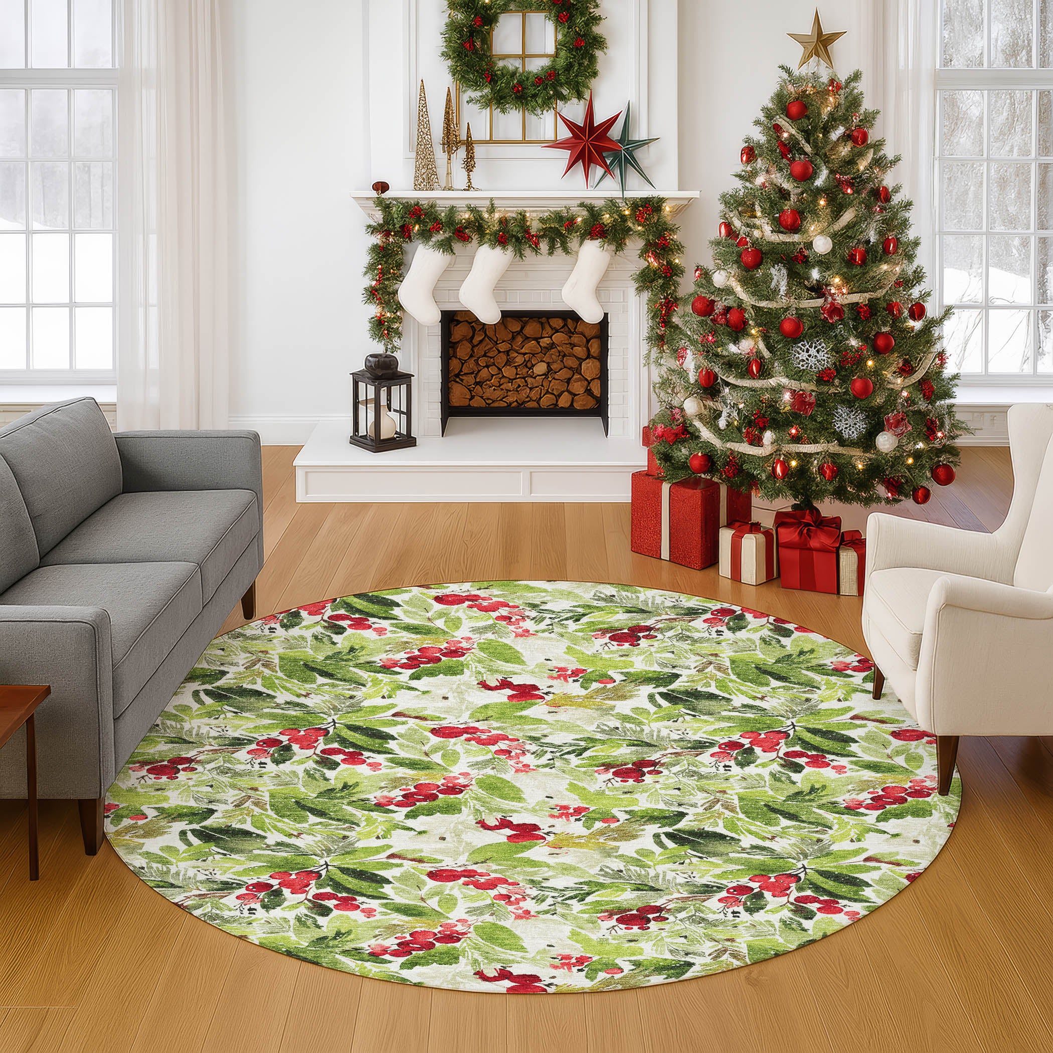 Luxury Washable Indoor/Outdoor Holiday MY24 Aloe Green Rug 8' x 8' #shape_Round