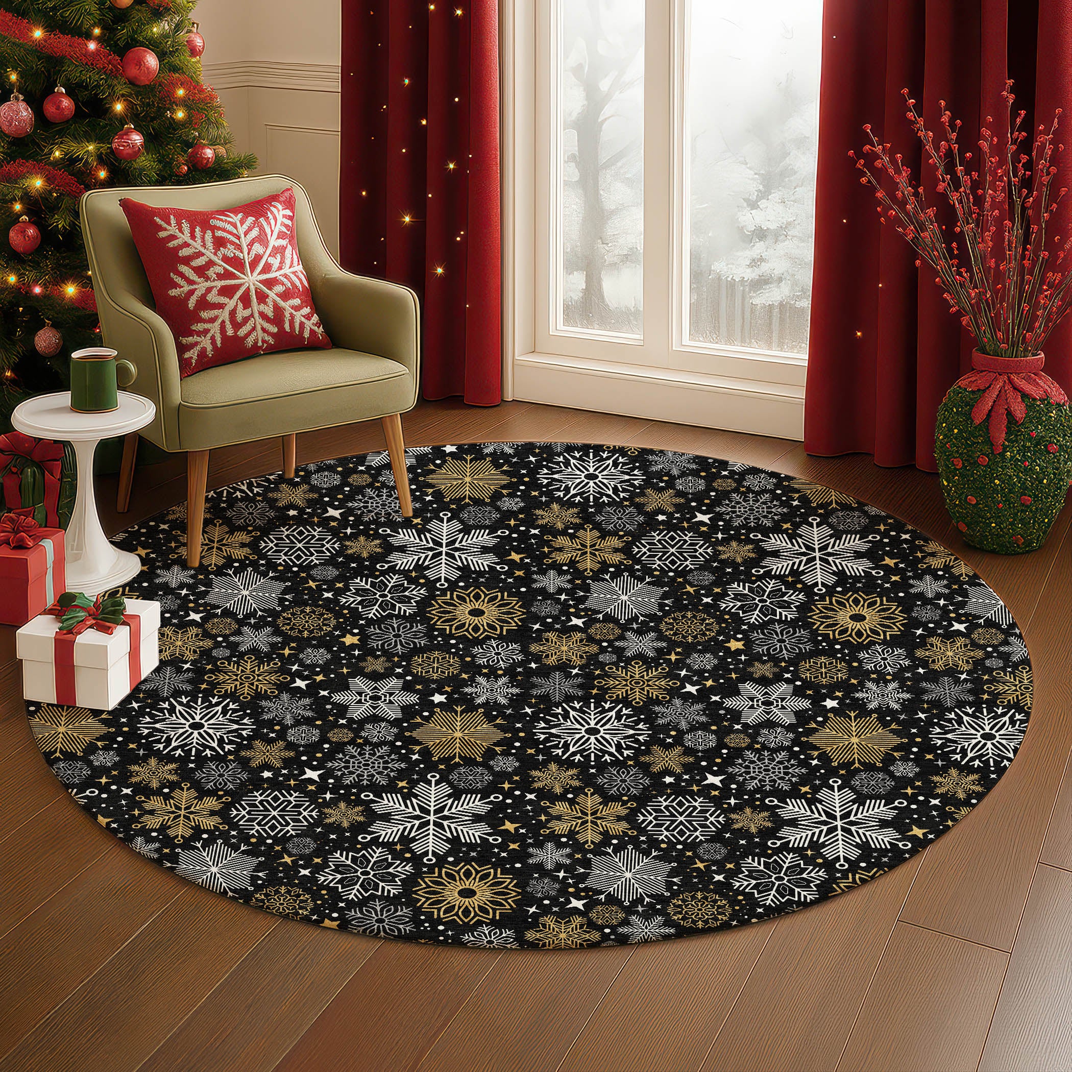Luxury Washable Indoor/Outdoor Holiday MY25 Black Rug 8' x 8' #shape_Round
