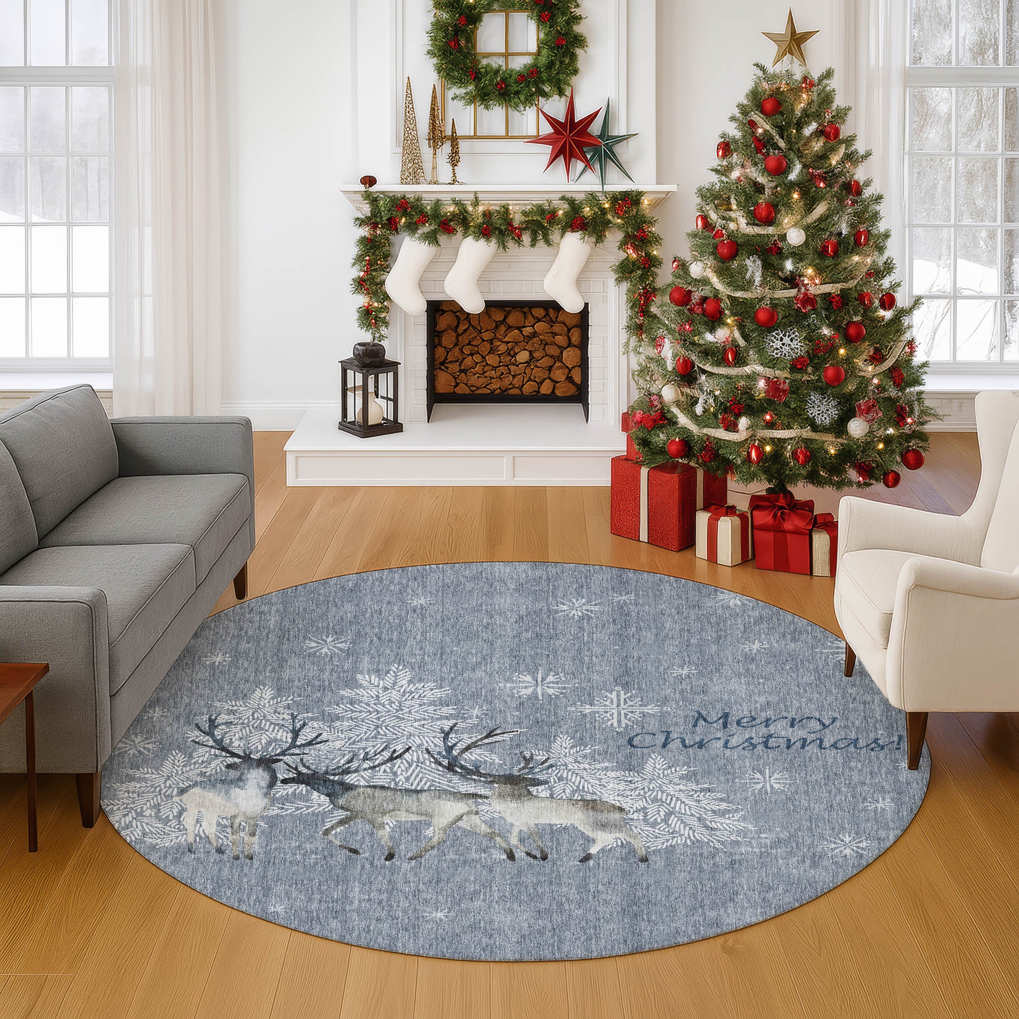 Luxury Washable Indoor/Outdoor Holiday MY2 Gray Rug 8' x 8' #shape_Round