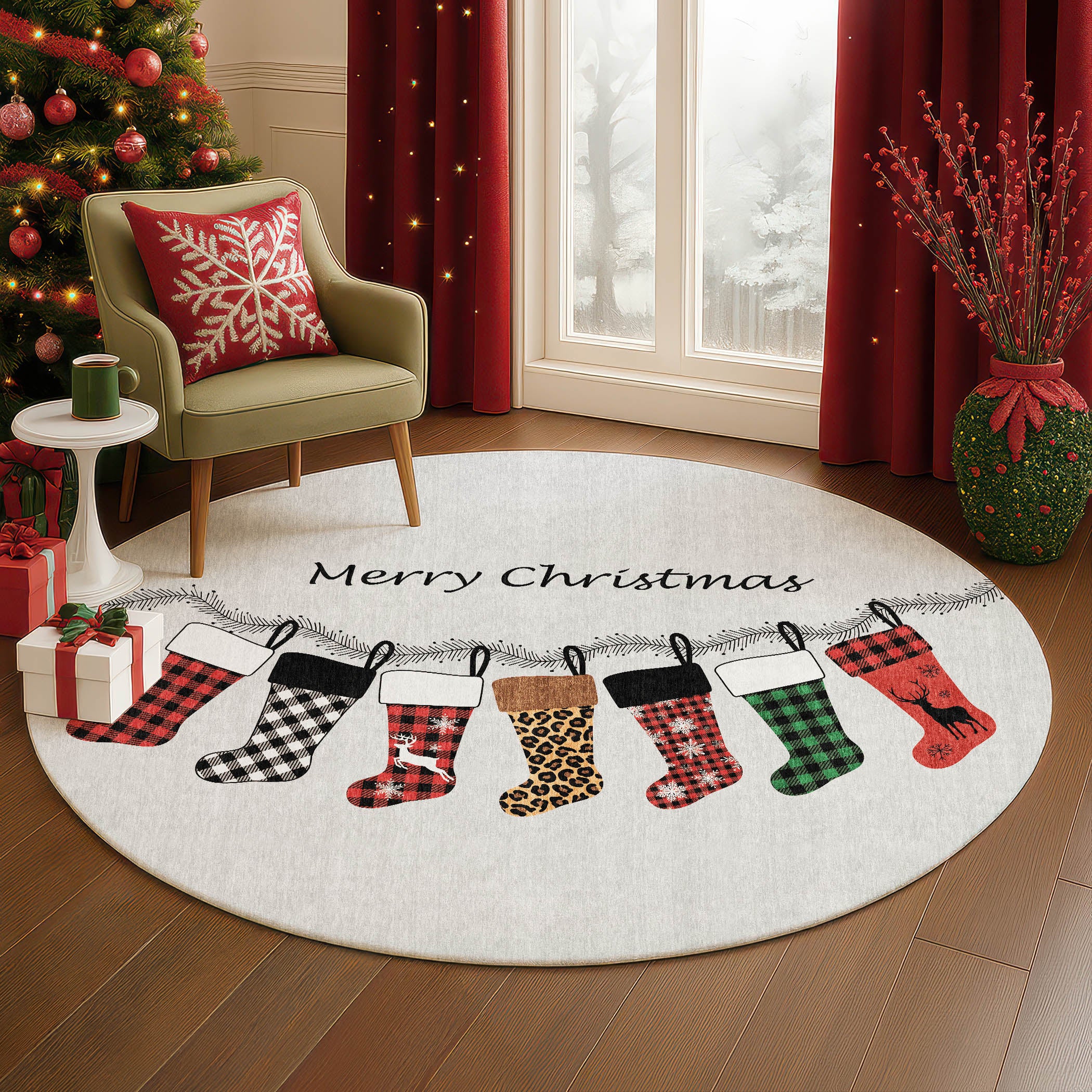 Luxury Washable Indoor/Outdoor Holiday MY5 Silver Gray Rug 8' x 8' #shape_Round