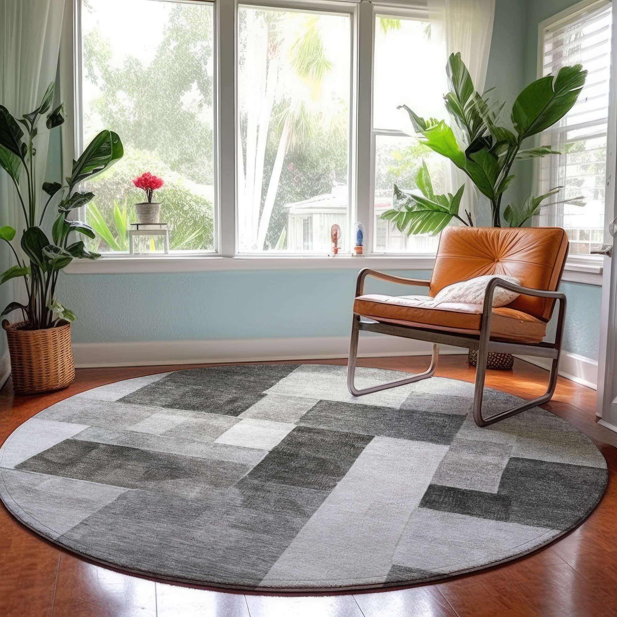 Luxury Machine Washable Indoor/Outdoor Transitional NO15 Pewter Gray Rug 8' x 8' #shape_Round
