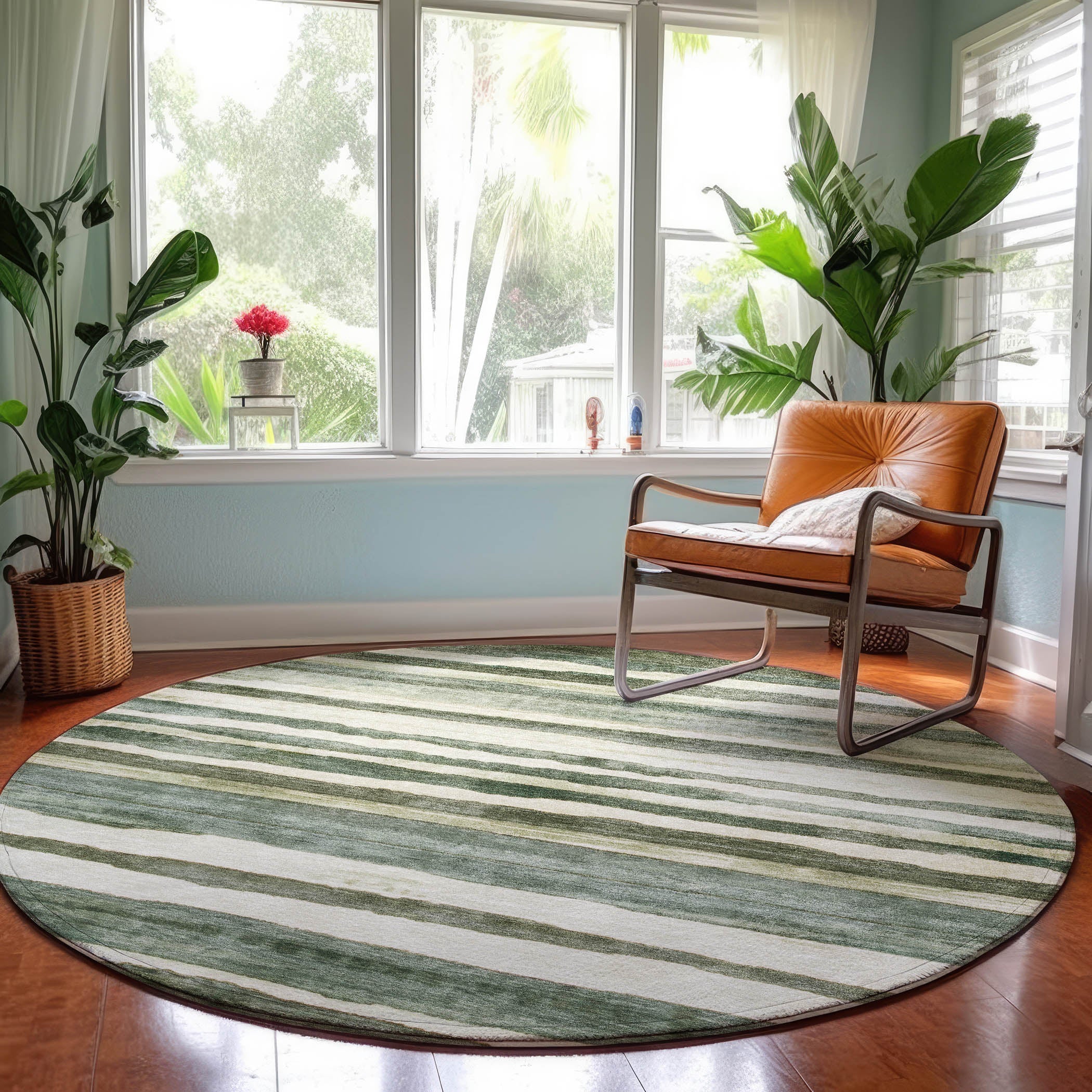 Luxury Machine Washable Indoor/Outdoor Transitional NO16 Sage Green Rug 8' x 8' #shape_Round