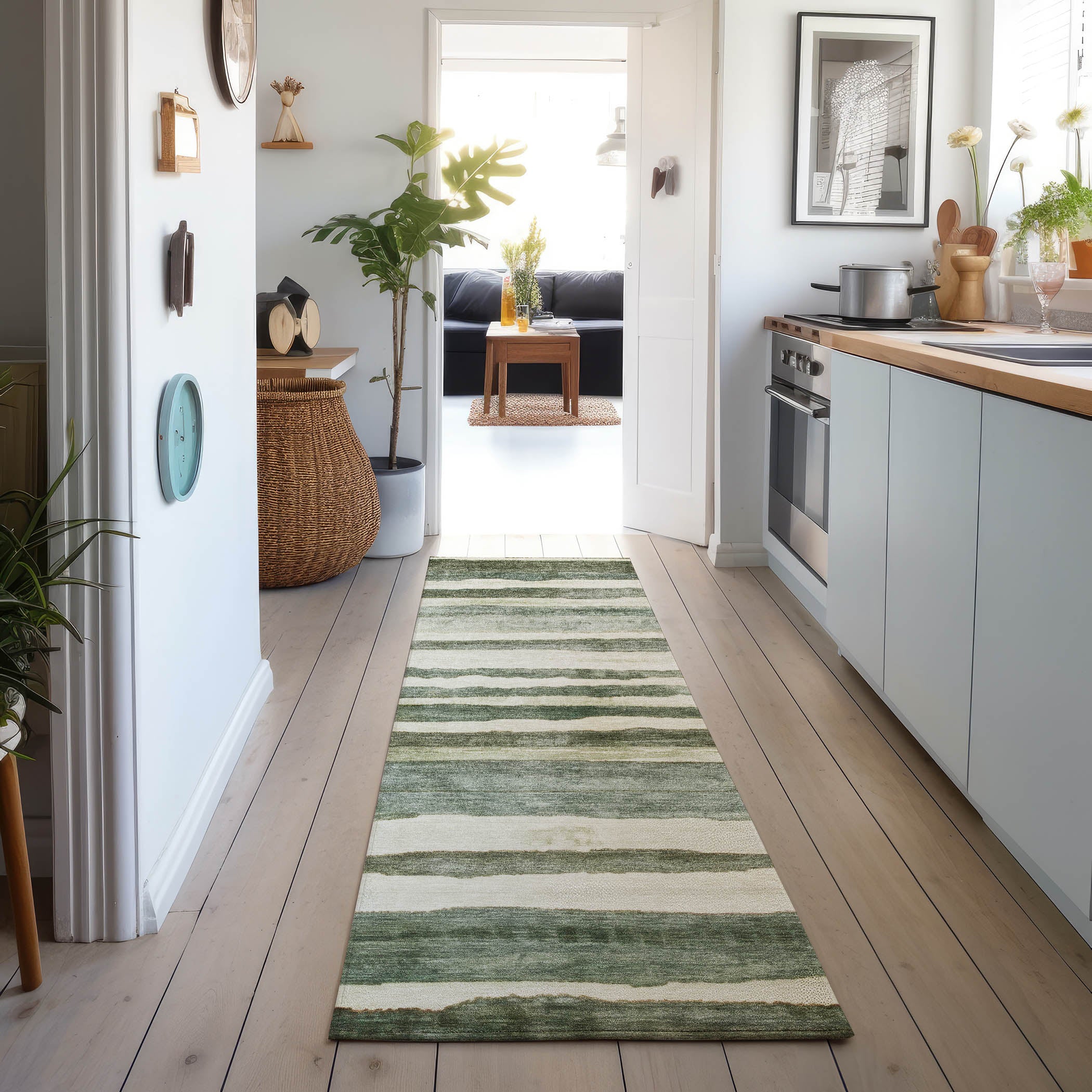 Luxury Machine Washable Indoor/Outdoor Transitional NO16 Sage Green Rug 2'3" x 7'6" #shape_Runner