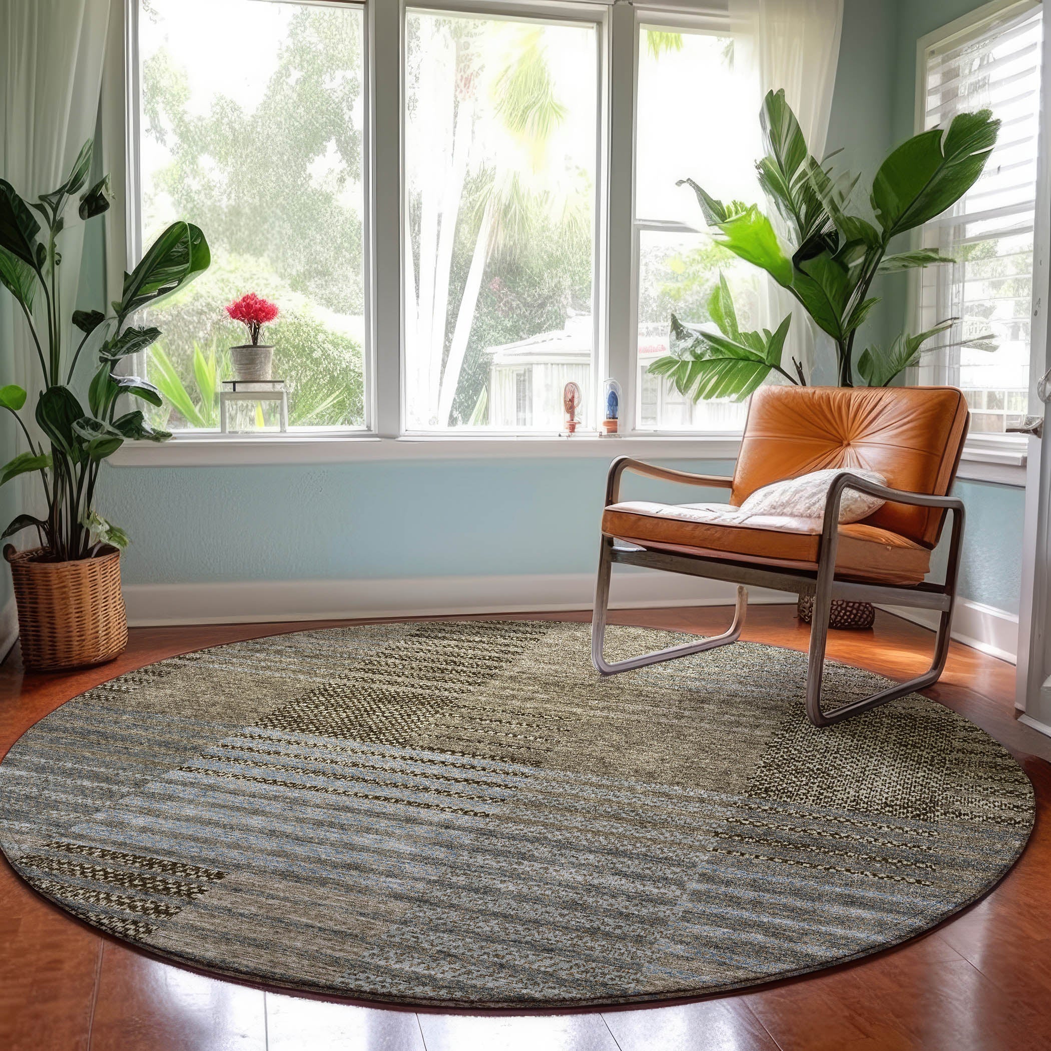 Luxury Machine Washable Indoor/Outdoor Transitional NO17 Taupe Brown Rug 8' x 8' #shape_Round