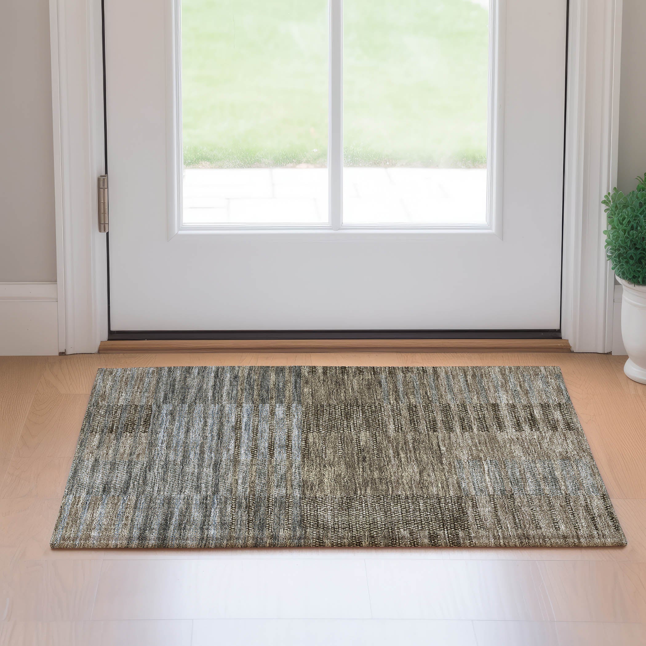 Luxury Machine Washable Indoor/Outdoor Transitional NO17 Taupe Brown Rug 1'8" x 2'6" #shape_Rectangle