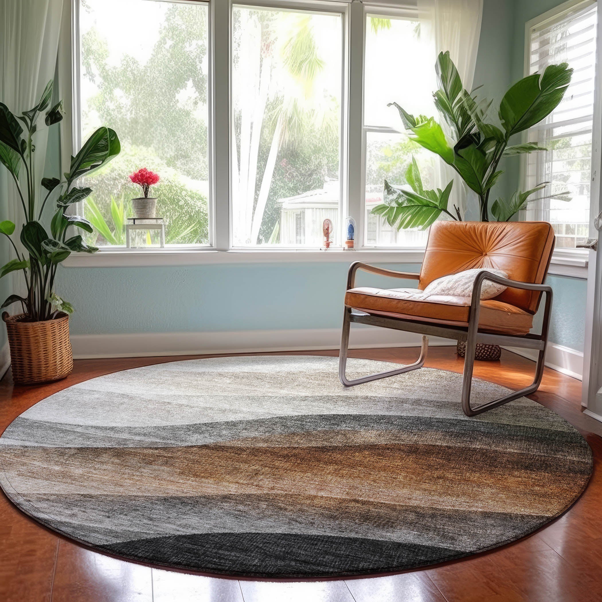 Luxury Machine Washable Indoor/Outdoor Transitional NO1 Khaki Brown Rug 8' x 8' #shape_Round