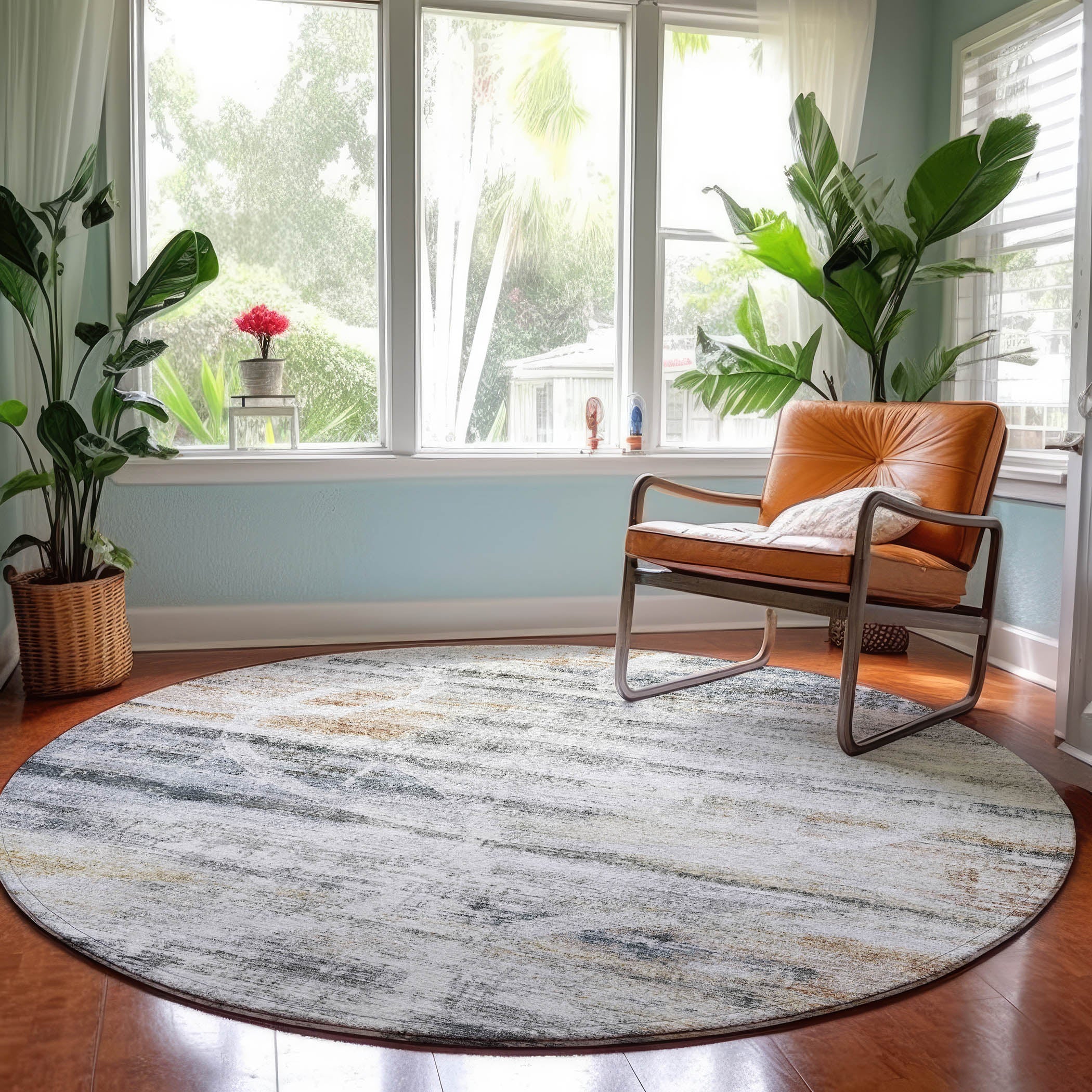 Luxury Machine Washable Indoor/Outdoor Transitional NO3 Silver Gray Rug 8' x 8' #shape_Round