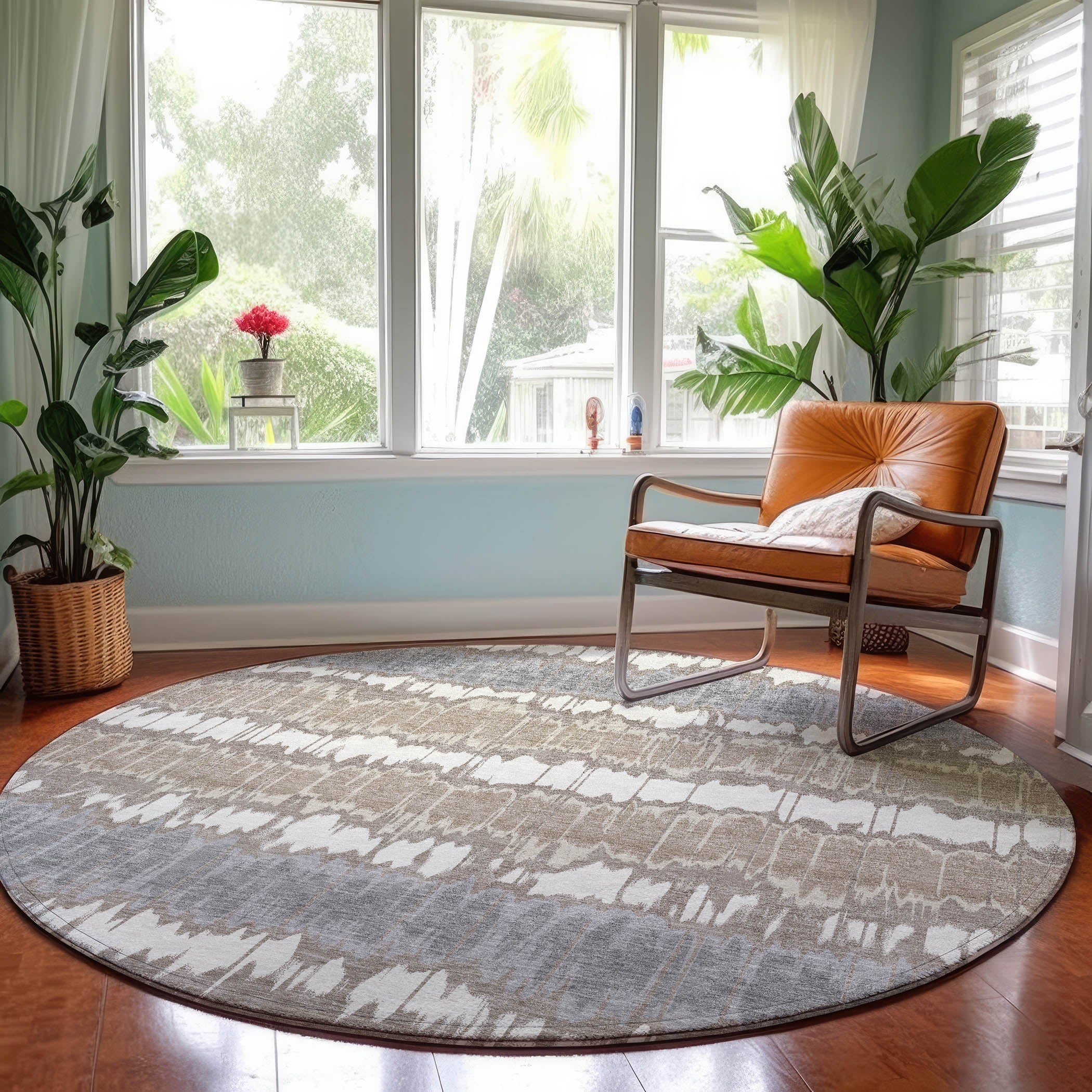 Luxury Machine Washable Indoor/Outdoor Transitional NO9 Taupe Brown Rug 8' x 8' #shape_Round