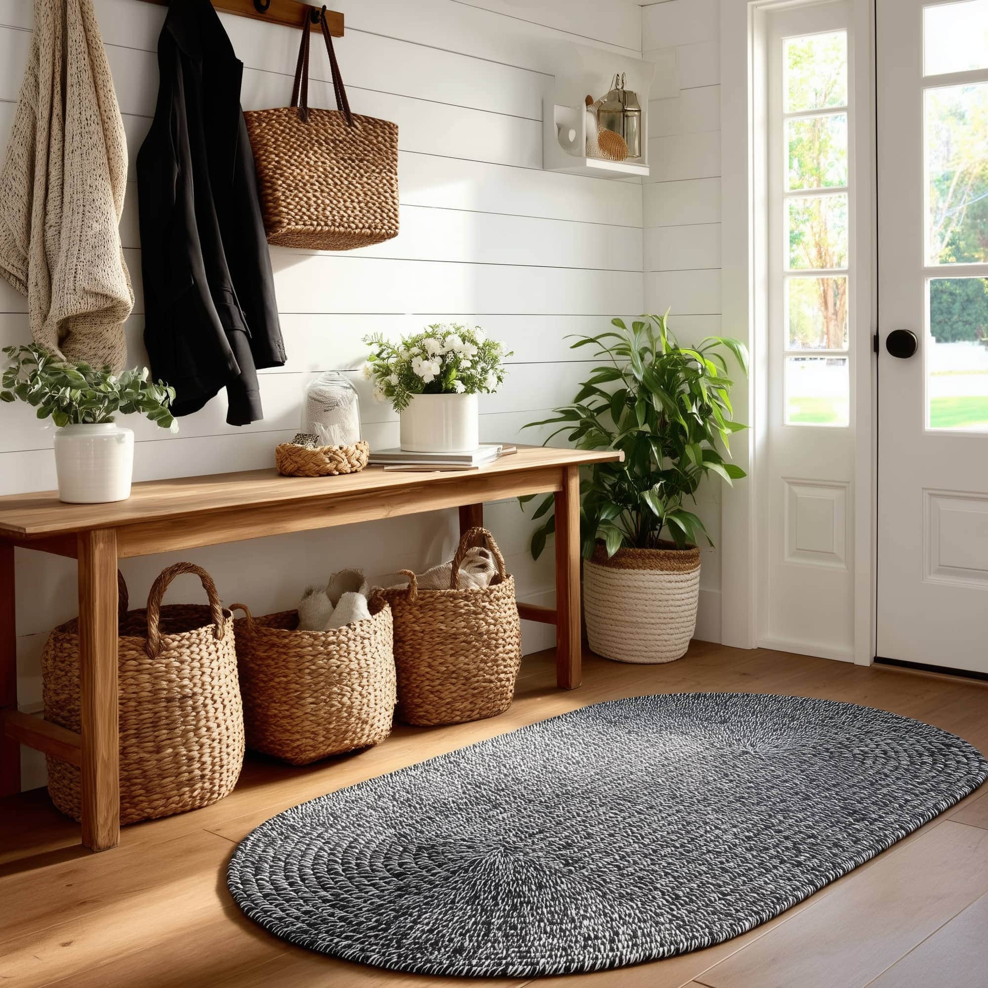 Black, White Braided Indoor Outdoor Polypropylene Rug 2' X 3' #shape_Oval