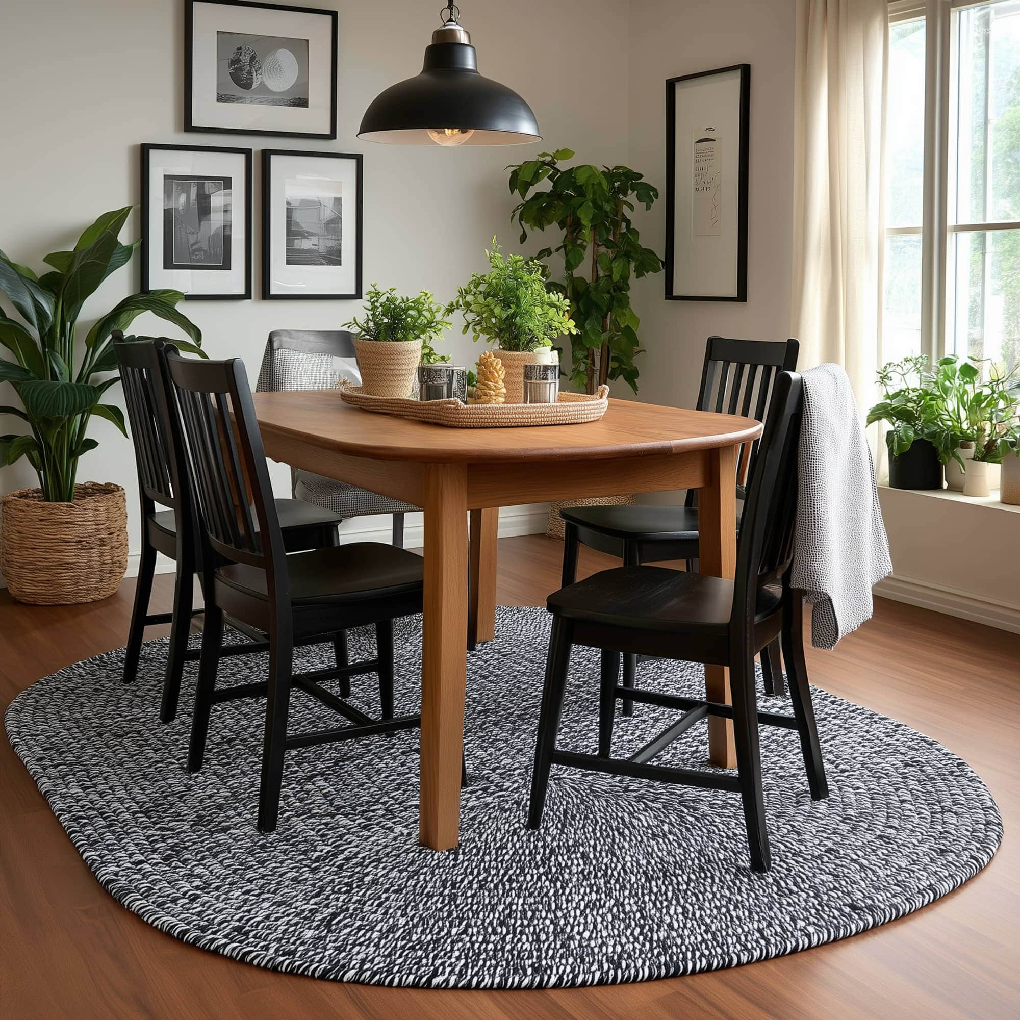 Black, White Braided Indoor Outdoor Polypropylene Rug 5' X 8' #shape_Oval