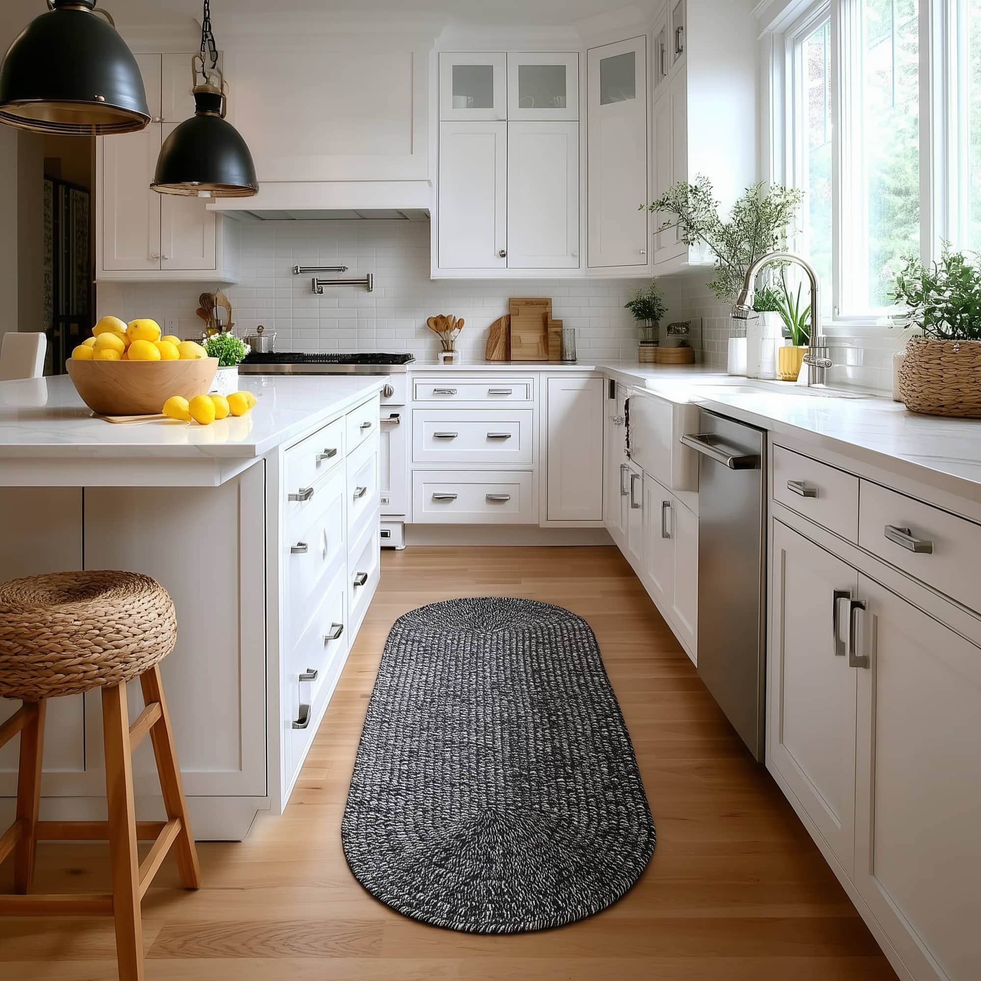 Black, White Braided Indoor Outdoor Polypropylene Rug 2' X 6' #shape_Runner