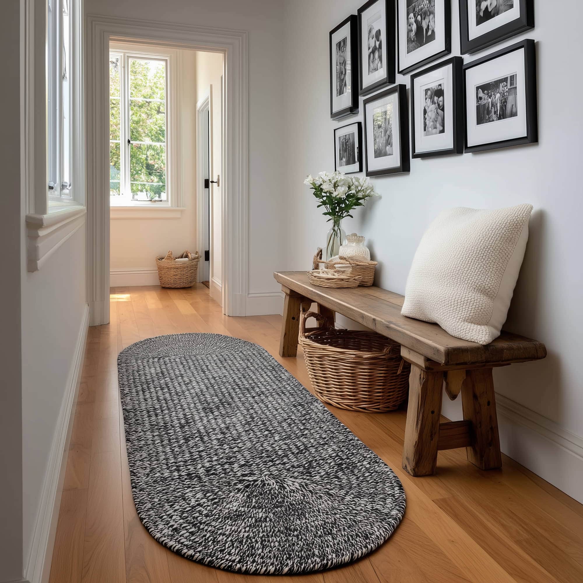 Black, White Braided Indoor Outdoor Polypropylene Rug 2' X 6' #shape_Runner