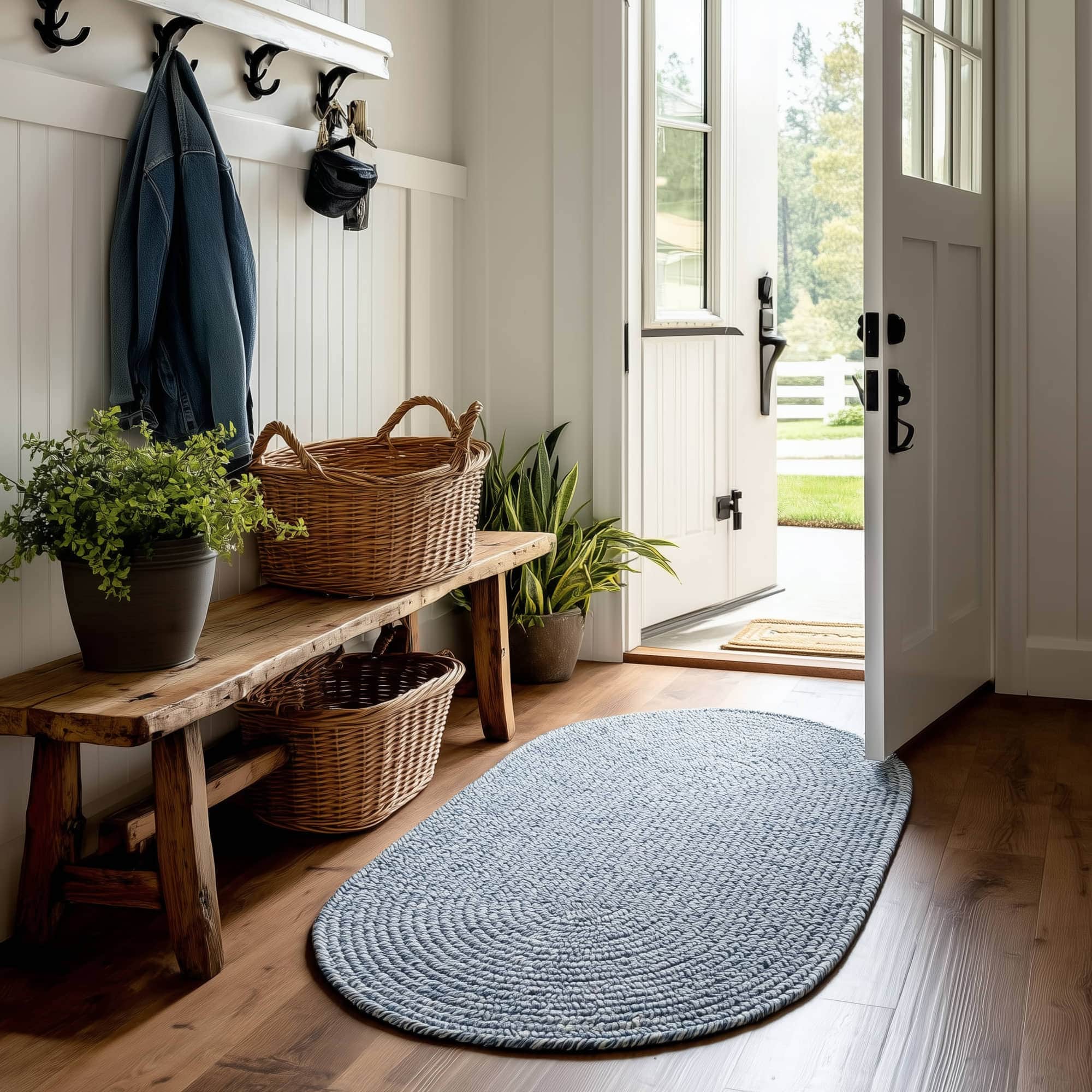 Navy Blue, White Braided Indoor Outdoor Polypropylene Rug 2' X 3' #shape_Oval