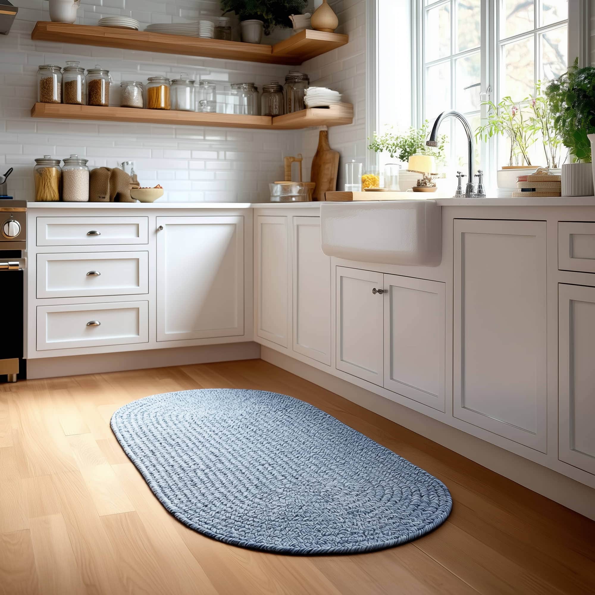 Navy Blue, White Braided Indoor Outdoor Polypropylene Rug 2' X 3' #shape_Oval