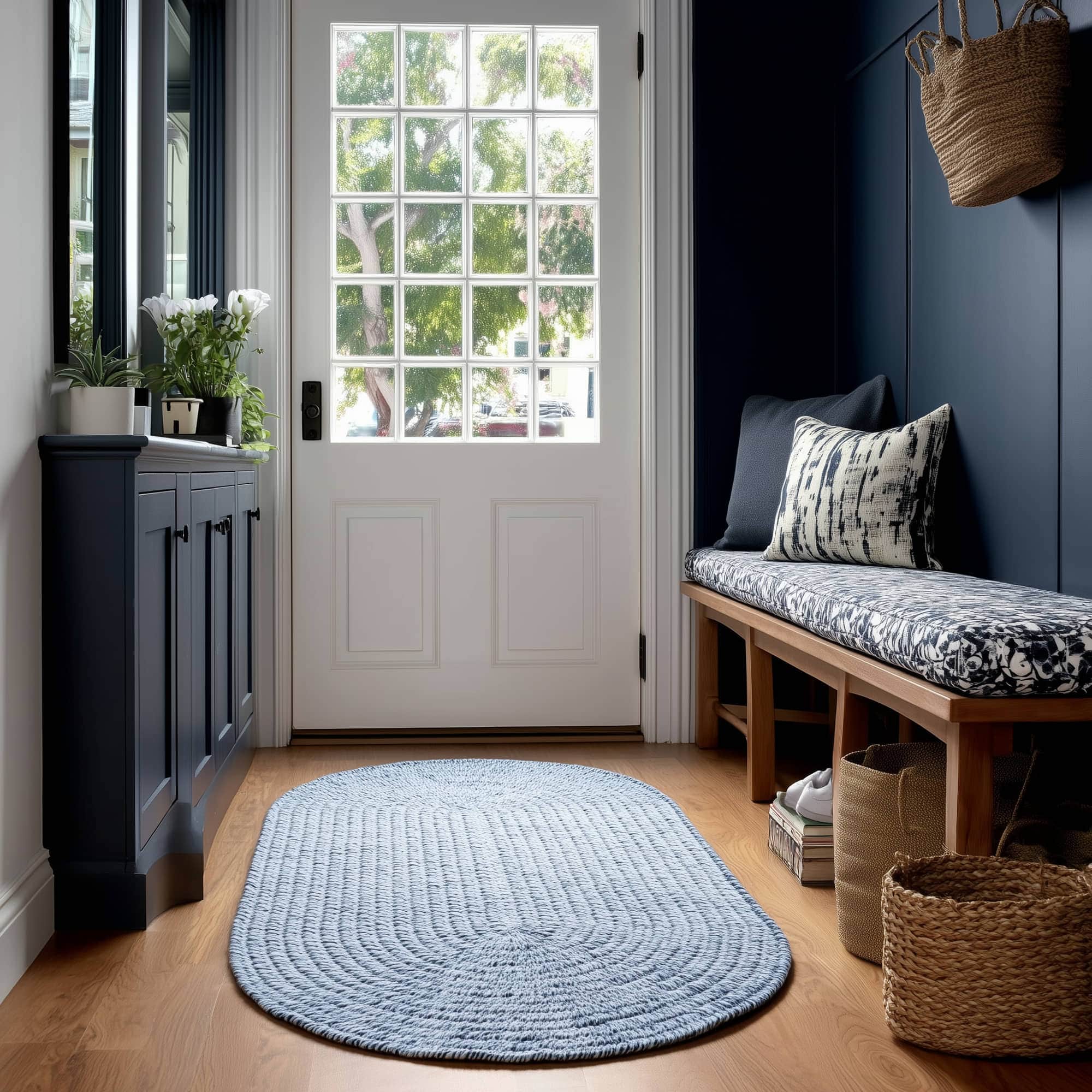 Navy Blue, White Braided Indoor Outdoor Polypropylene Rug 3' X 5' #shape_Oval