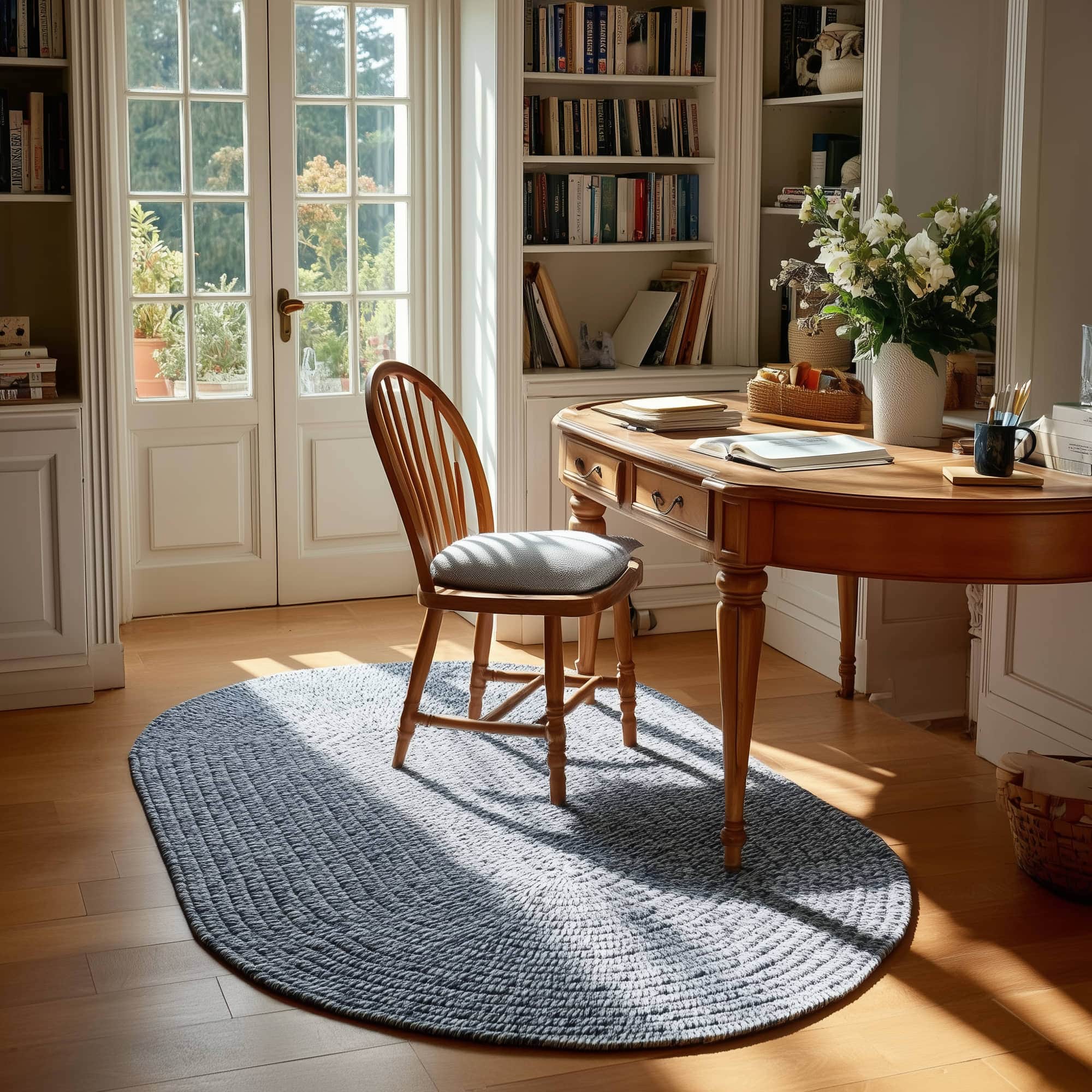 Navy Blue, White Braided Indoor Outdoor Polypropylene Rug 3' X 5' #shape_Oval