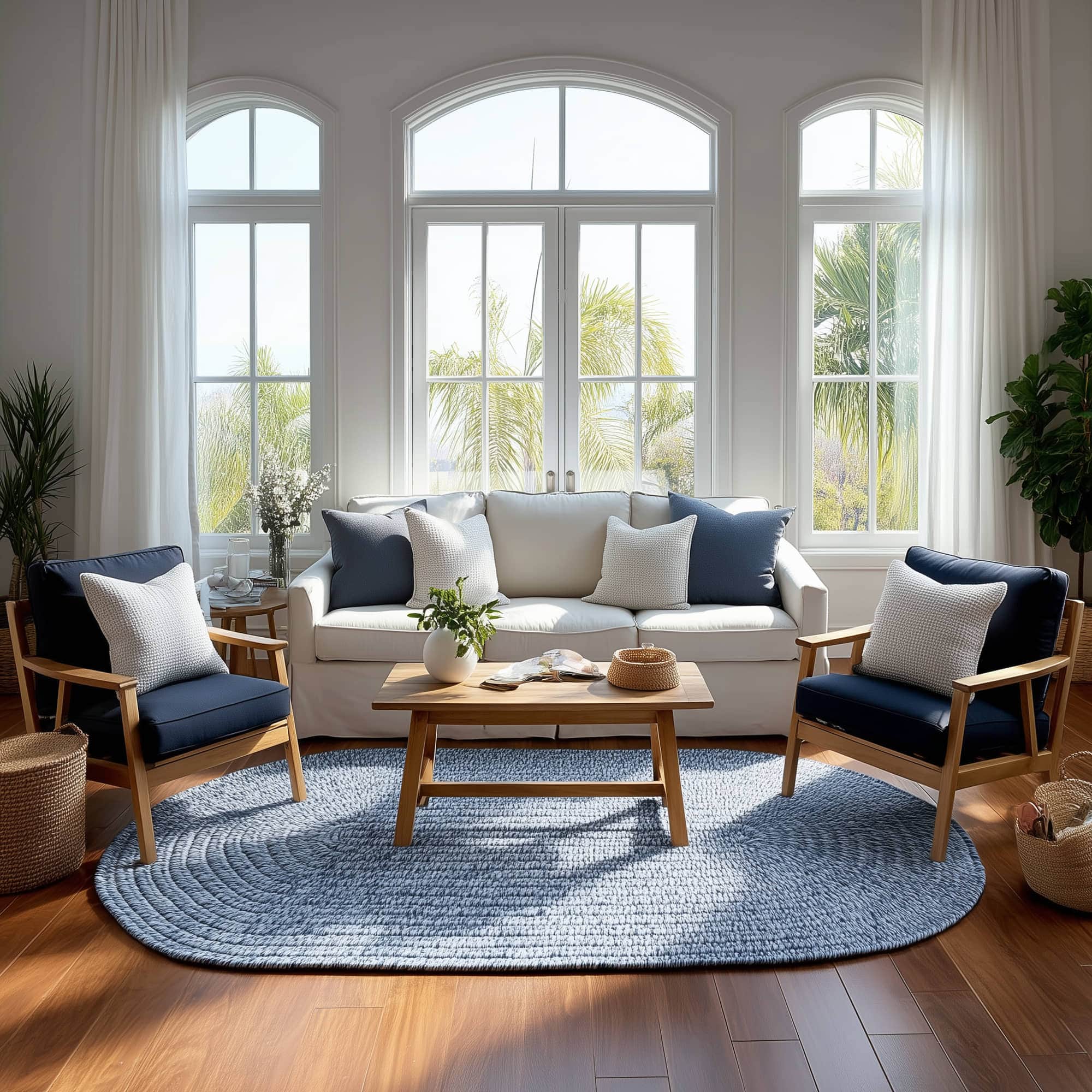 Navy Blue, White Braided Indoor Outdoor Polypropylene Rug 5' X 8' #shape_Oval